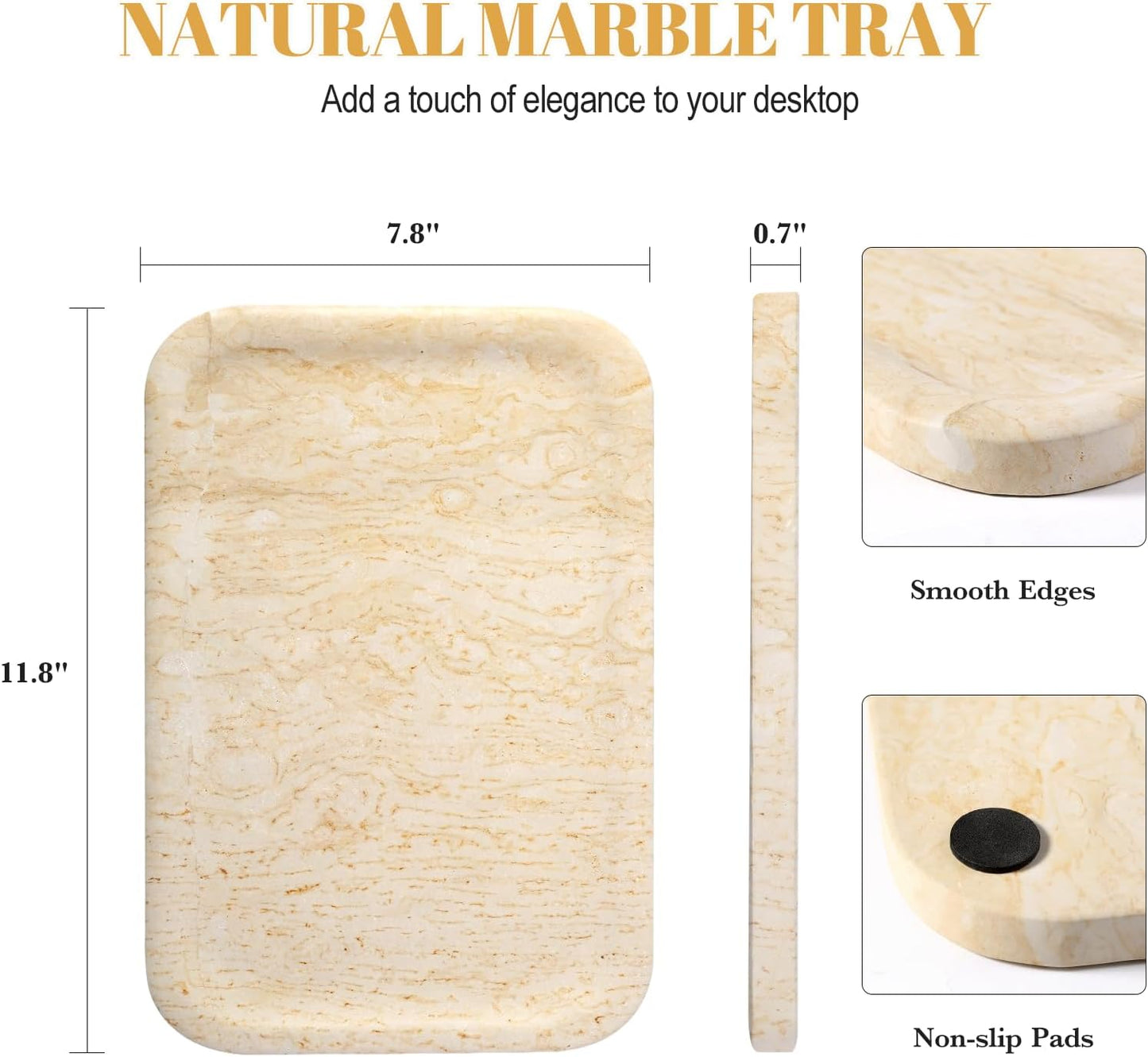 Koville Marble Tray, 12"x8" Marble Vanity Tray for Bathroom Kitchen Countertop, Rectangular Stone Tray for Cosmetics Perfume Trinket, Decorative Catchall Trays (Beige)