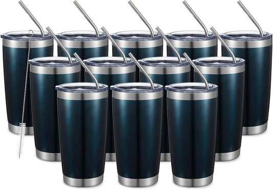 COMOOO 20oz Double Wall Vacuum Insulated Travel Mug Bulk Stainless Steel Tumbler with Lid and Straw Durable Powder Coated Insulated Coffee Cup for Cold & Hot Drinks (Peacock blue, 12 pack