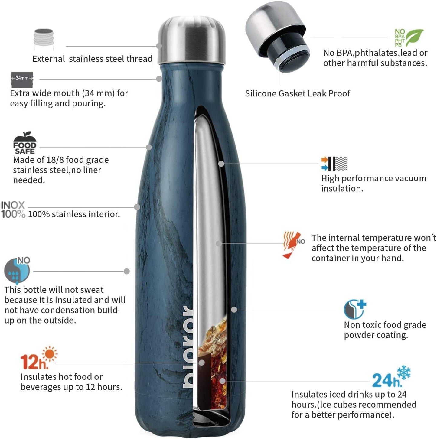BJPKPK 17 oz Insulated Stainless Steel Water Bottles Cola Shape Water Bottles for Travel,Wood Graphics Prussian Blue