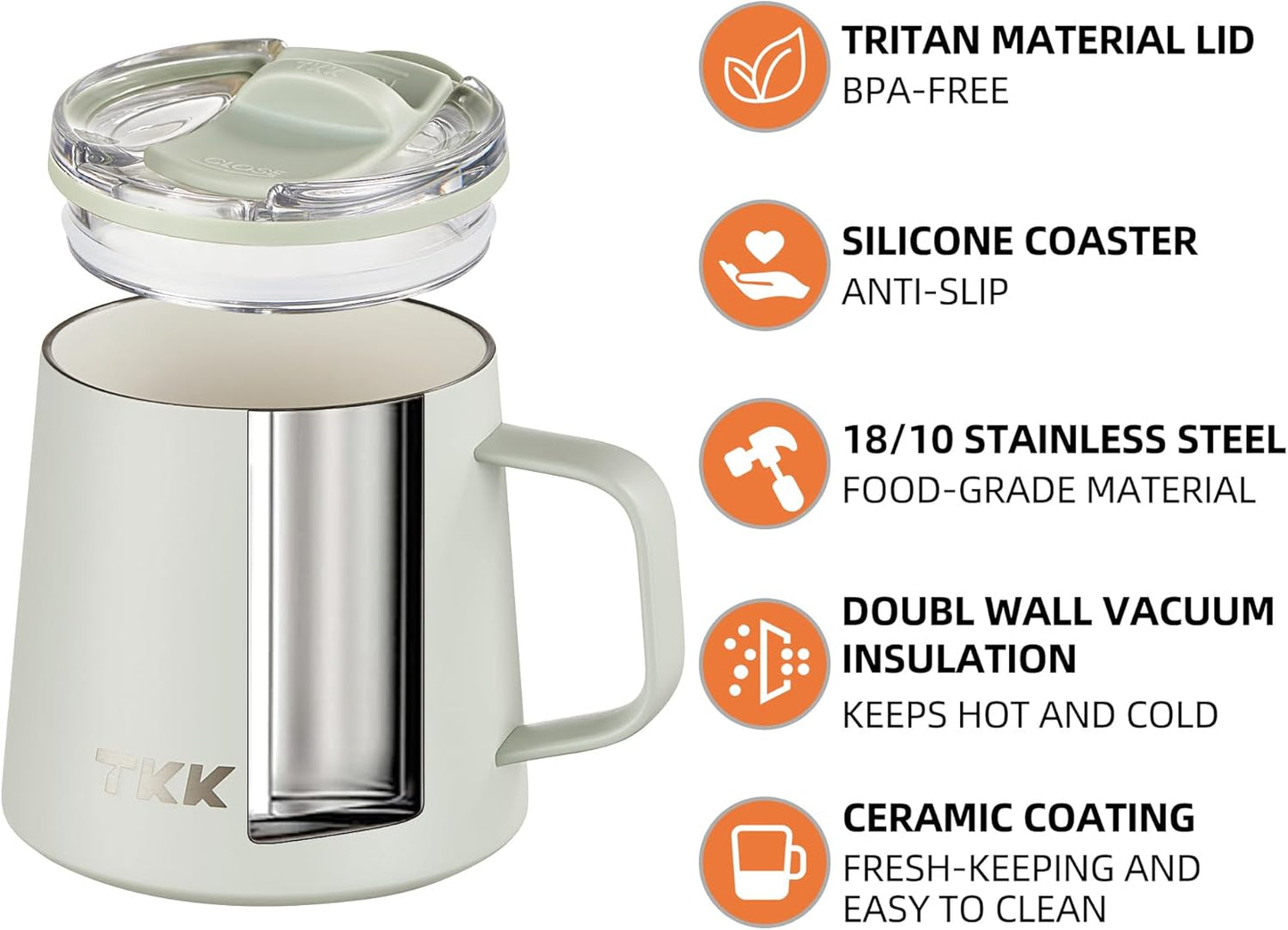 TKK 12 oz Insulated Coffee Mug with Handle Ceramic Coating Detachable Slider Lid Stainless Steel Tumbler Double Wall Vacuum Travel Cup