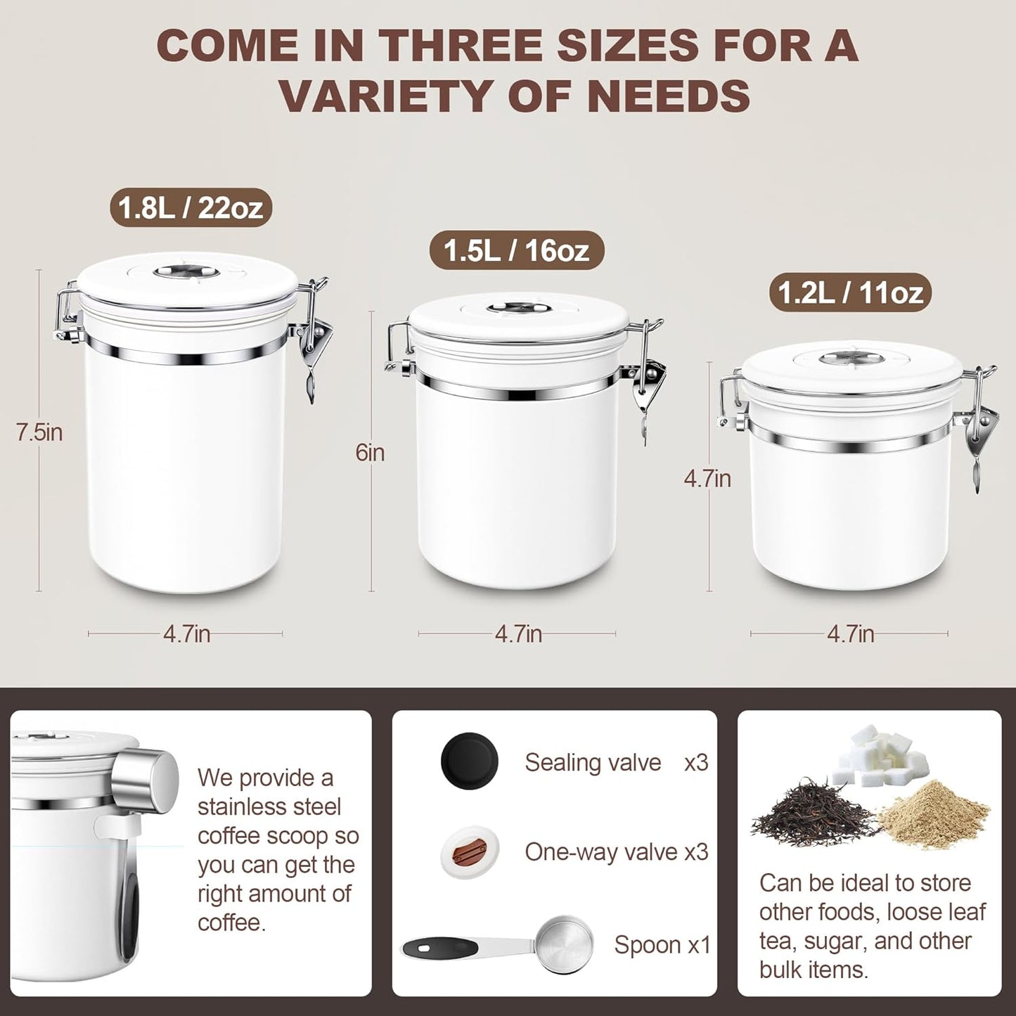 ShanSon Coffee Canister Airtight Stainless Steel Container,Home Kitchen Food Storage Organizers for Beans,Tea,Sugar,cookie,Flour,Cereal,11OZ+16OZ,White