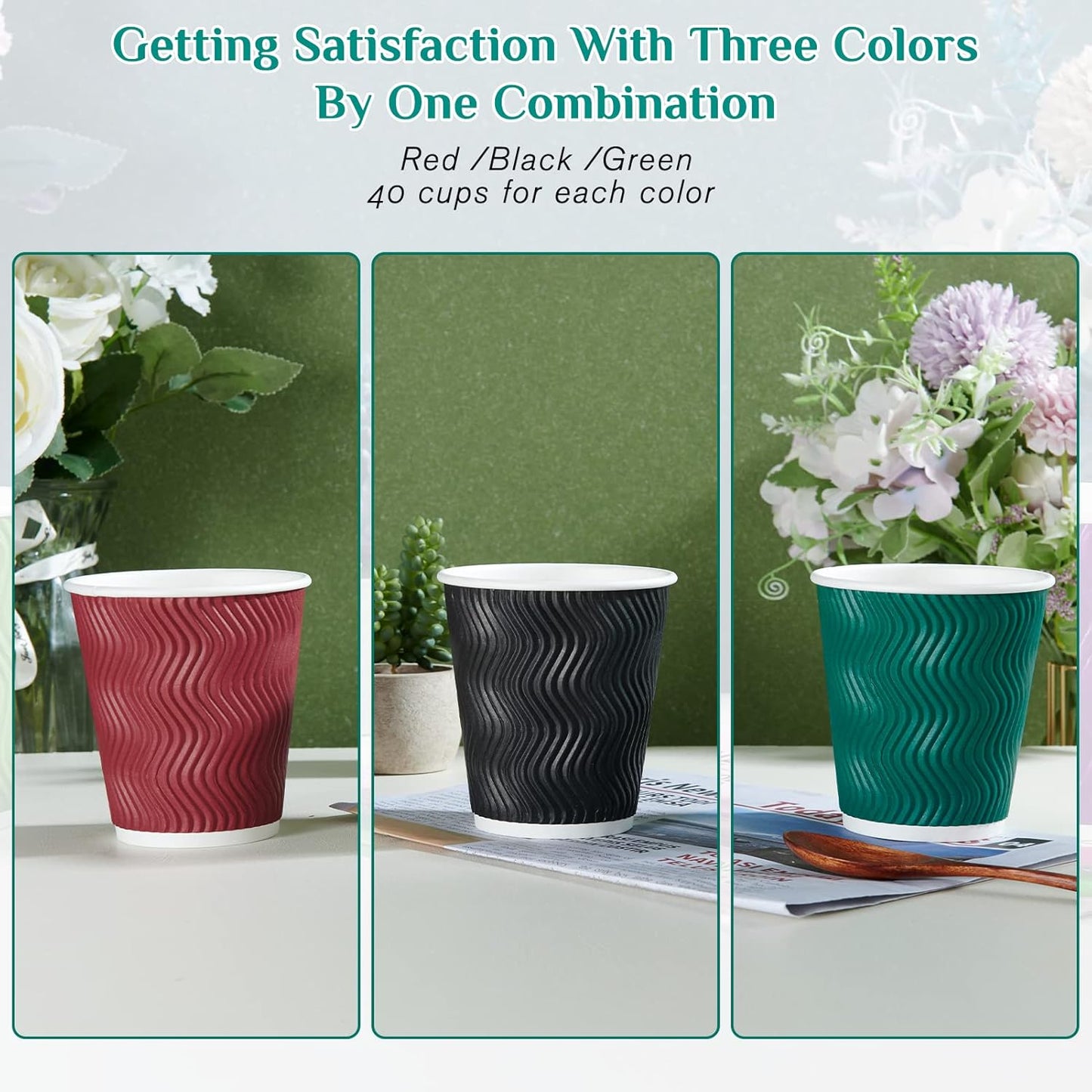 MUCHII 10 oz Insulated Paper Coffee Cups, 120 Count, Multicolor, Disposable, Ripple Design for Hot Drinks