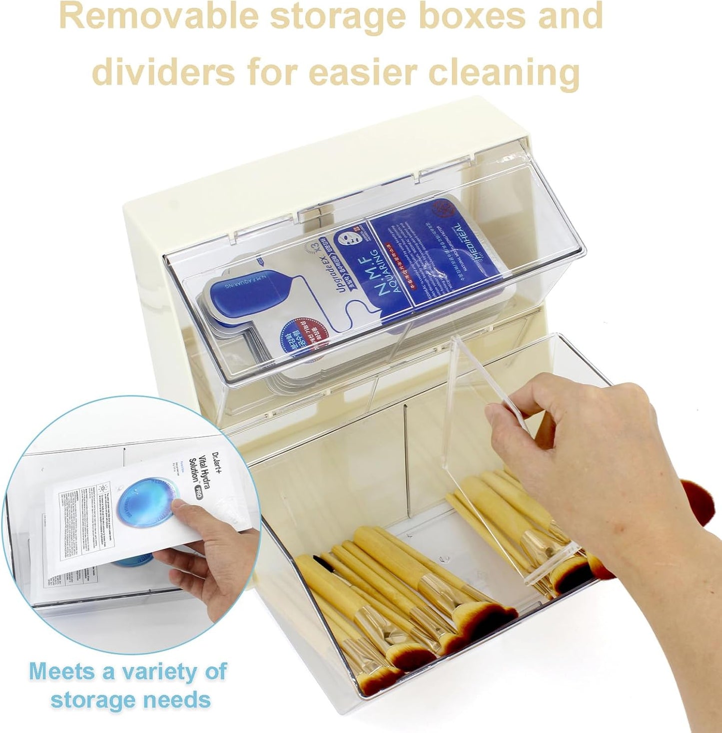 Bokelai Creamer Holder Plastic Tea Bag Organizer with Lid Large Capacity K Cup Countertop Organizer Versatile Desk Storage Station for Capsule Suger Pods Face Mask Cream/Clear