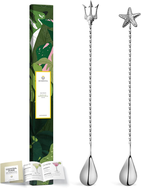 Homestia 12-Inch Ocean Series Bar Spoon, 304 Stainless Steel Cocktail Spoon for Layering Long Spiral Handle Mixing Spoon Stirrers for Drink, 2PCS Silver (Starfish and Trident)