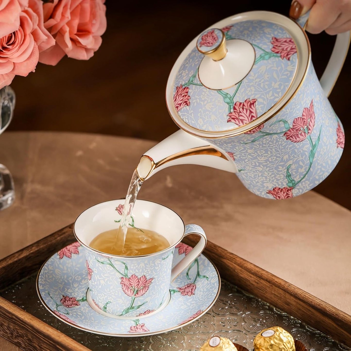 ACMLIFE Tea Set for Adults- Fine China Tea Set for 6, 21-Piece Vintage Coffee Set English Porcelain Tea Pot Sets for Adult Tea Party for Women Gift (Tulip Blue, Extra Large 21)