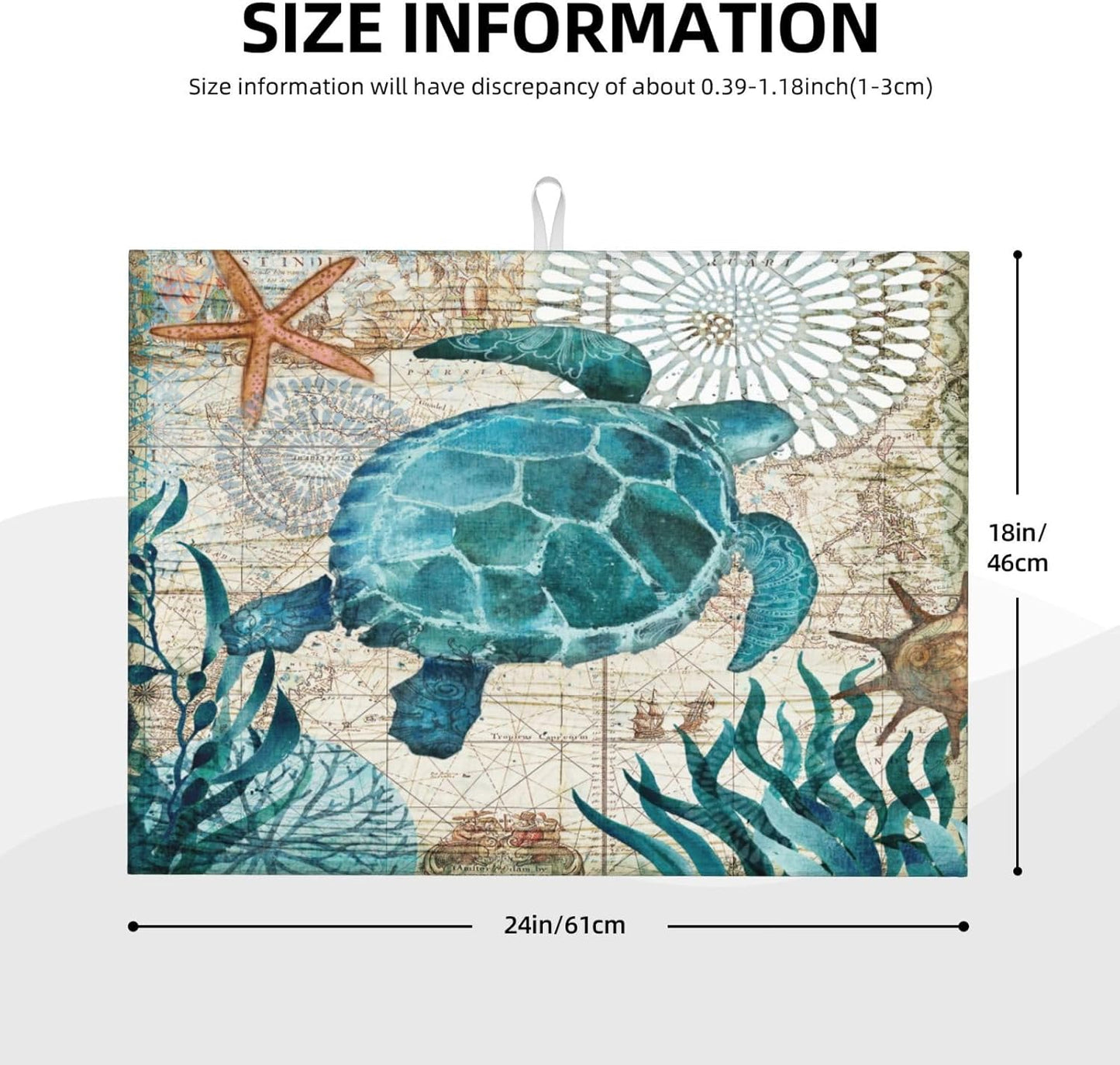 Ocean Sea Turtle Dish Drying Mat for Kitchen Counter 18x24 in, Retro Map Microfiber Drying Mats Absorbent Reversible Dish Pad Large Dish Draining Mat Fast Dry Kitchen Accessories
