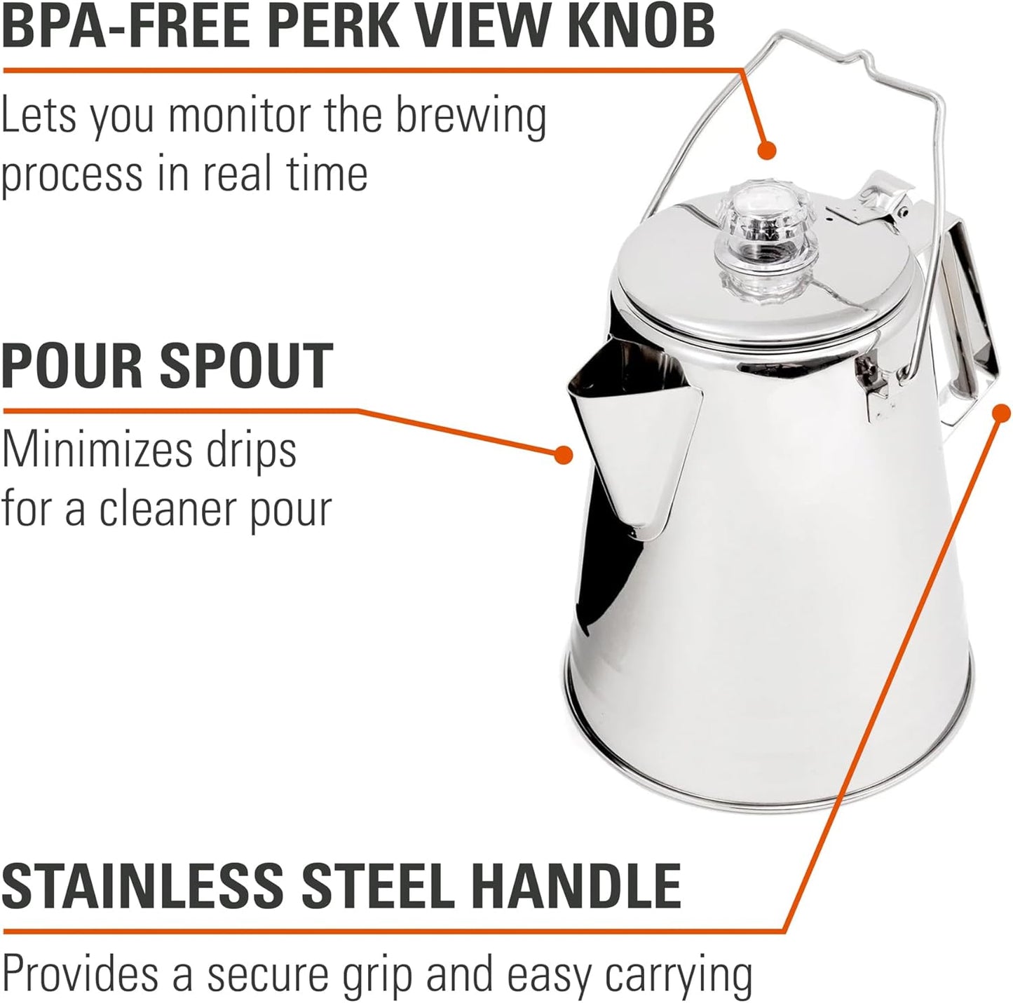 GSI Outdoors Percolator Coffee Pot I Glacier Stainless Steel Ultra-Rugged for Brewing Coffee Over Stove and Fire | Ideal for Group Camping, 28 Cup