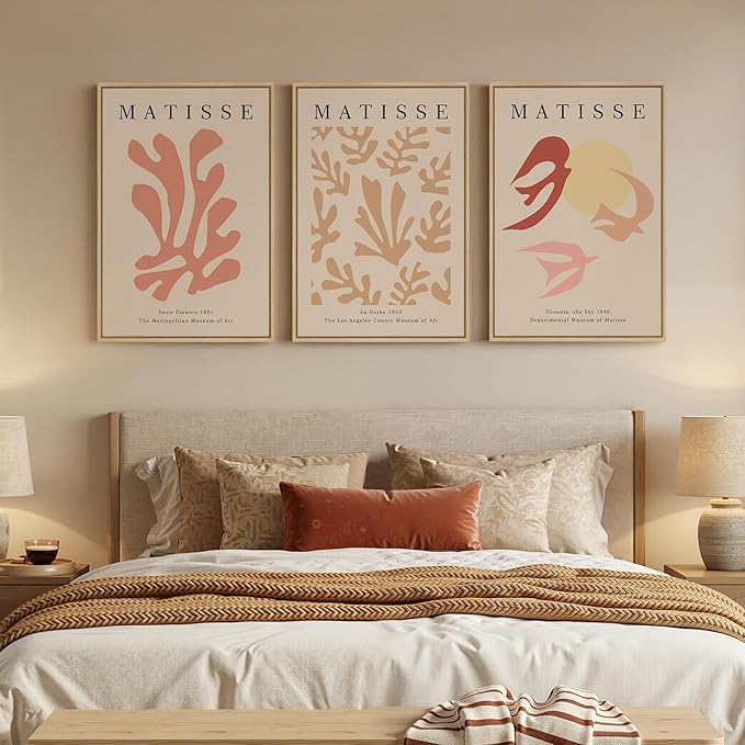 Framed Large Matisse Abstract Wall Art Set of 3, Vintage Neutral Pink Floral - Image 3