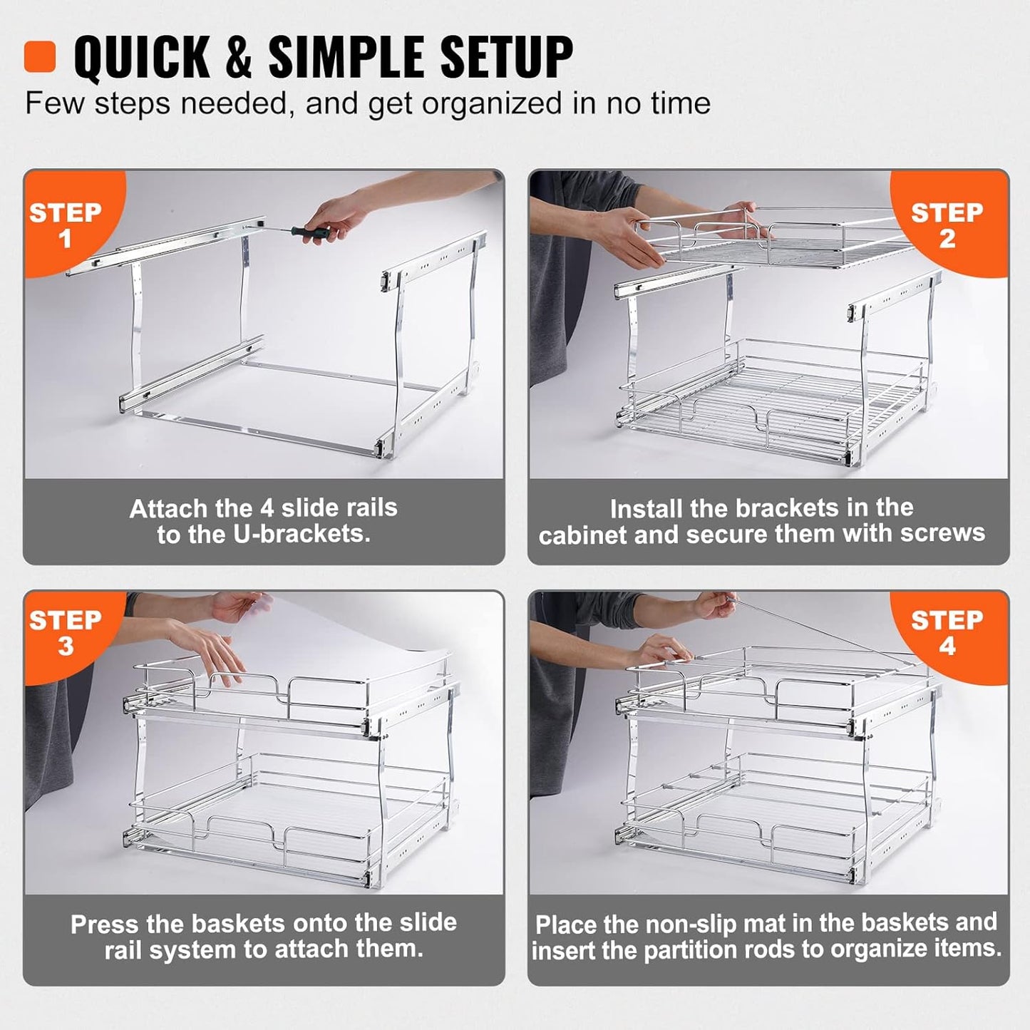VEVOR 20"Wx21"D Pull Out Cabinet Organizer, 20"Wx21"D 2 Tier Heavy Duty Slide Out Pantry Shelves, Chrome-Plated Steel Roll Out Drawers, Sliding Drawer Storage, 21.5"Wx22"D Install Size for Cabinet