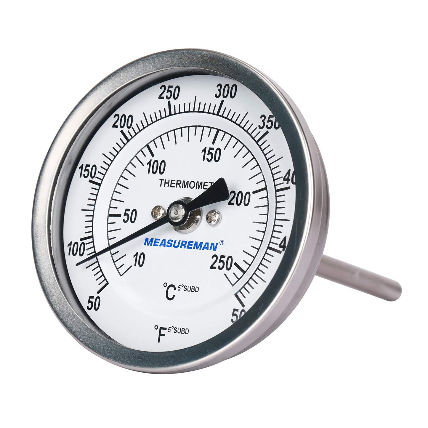 Measureman Fully Stainless Steel Bimetal Dial Thermometer, 3" Dial, 4" Stem, 50-500 deg F/10-260 deg C, -1% Accuracy, Adjustable, 1/2" NPT Back Mount