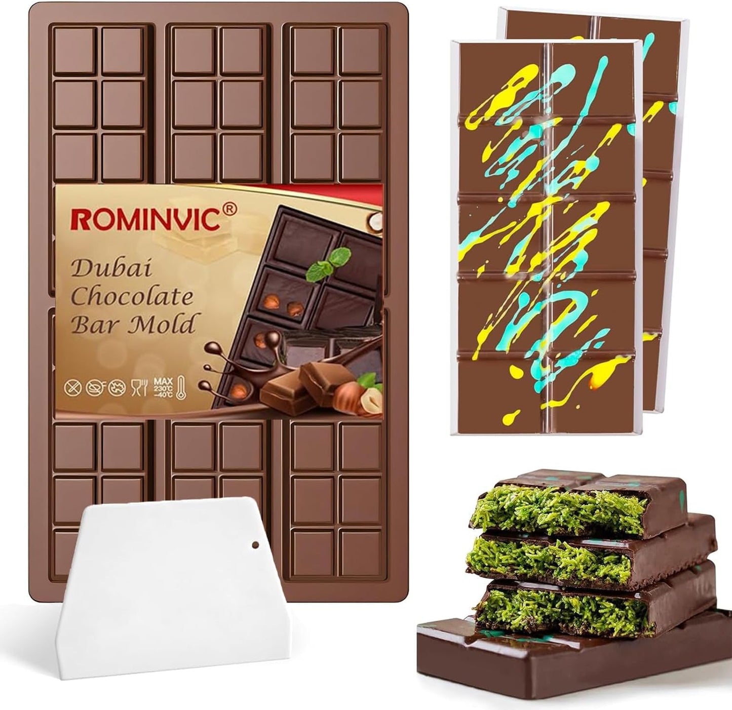 Chocolate Bar Mold,Dubai Chocolate Molds and Scraper for Stuffed Bar,Deep Large and Thick Chocolate Candy Bar Mold for Filling Knafeh Pistachio Kit