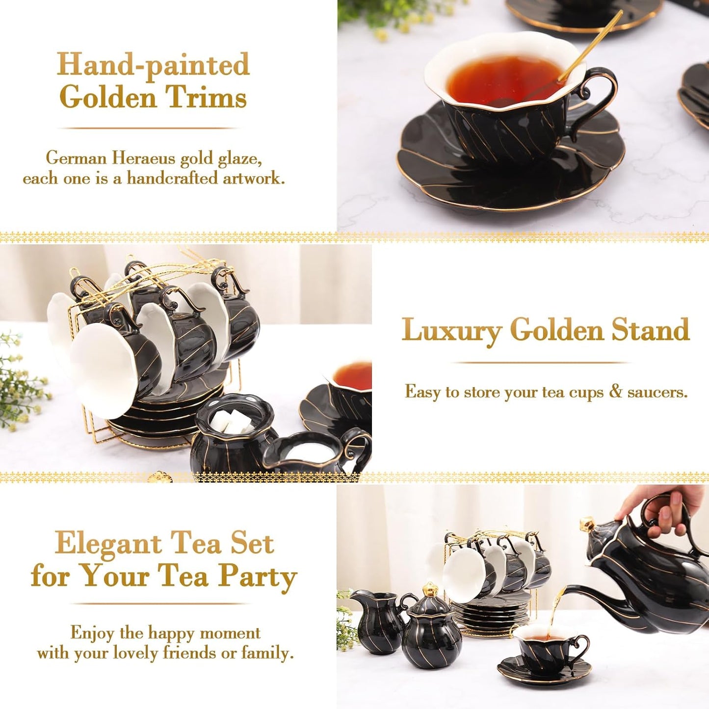 DUJUST 22 pcs Porcelain Tea Set for 6, Luxury British Style Tea/Coffee Cup Set with Golden Trim, Beautiful Tea Set for Women, Tea Party Set, Gift Package (Including a Stand) - Black