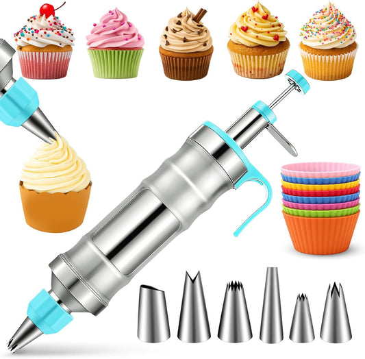 Novano Dessert Decorating Syringe Set, Frosting Piping Kit Stainless Steels Cake Decorating Kit with 6 Piping Tips & 9 silicone cupcakes, Cupcake Decorating Kit Piping Bags and Tips Set