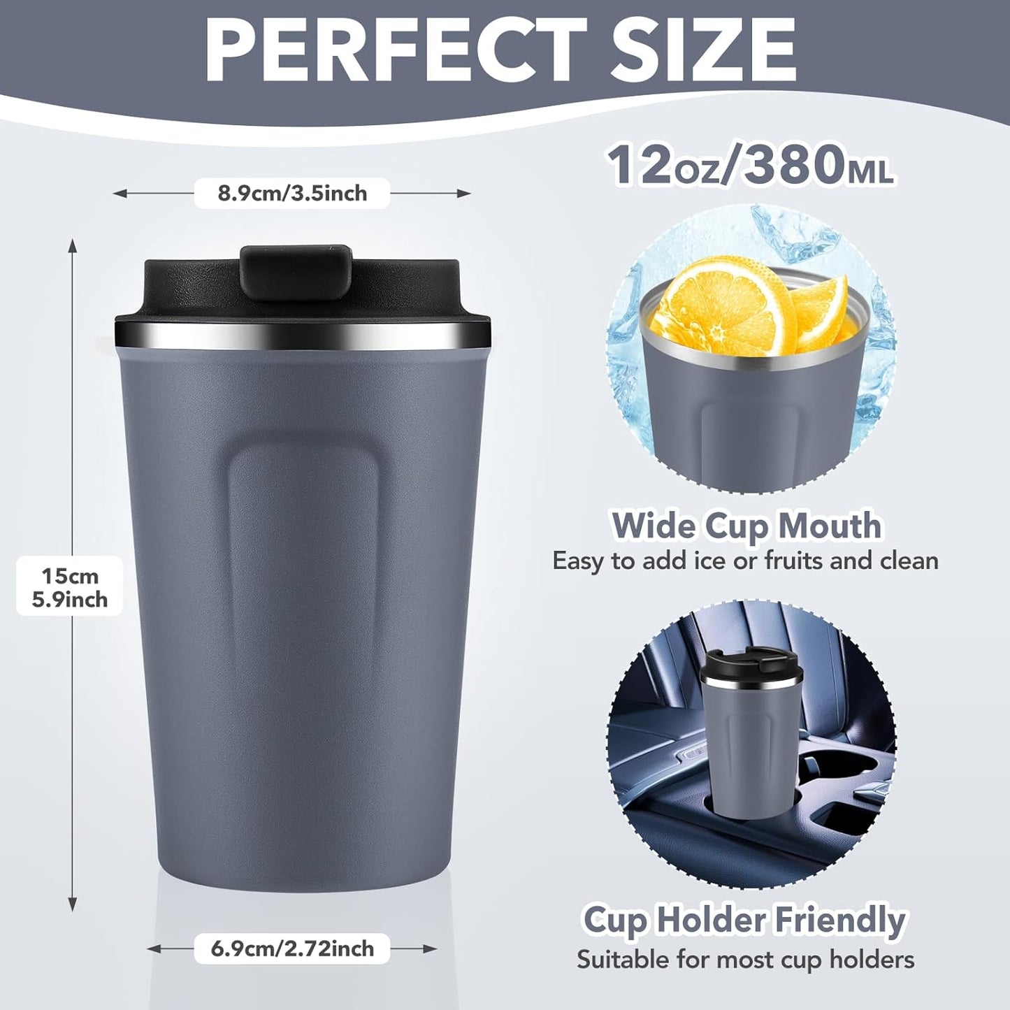 Volhoply 12 oz Double Wall Insulated Vacuum Travel Coffee Mug with Flip Lid Bulk 4 Pack,Reusable Stainless Steel Leak Proof Coffee Cups,Portable Cafe Thermal Tumbler for Hot & Cold Drinks(Gray,4 Set)