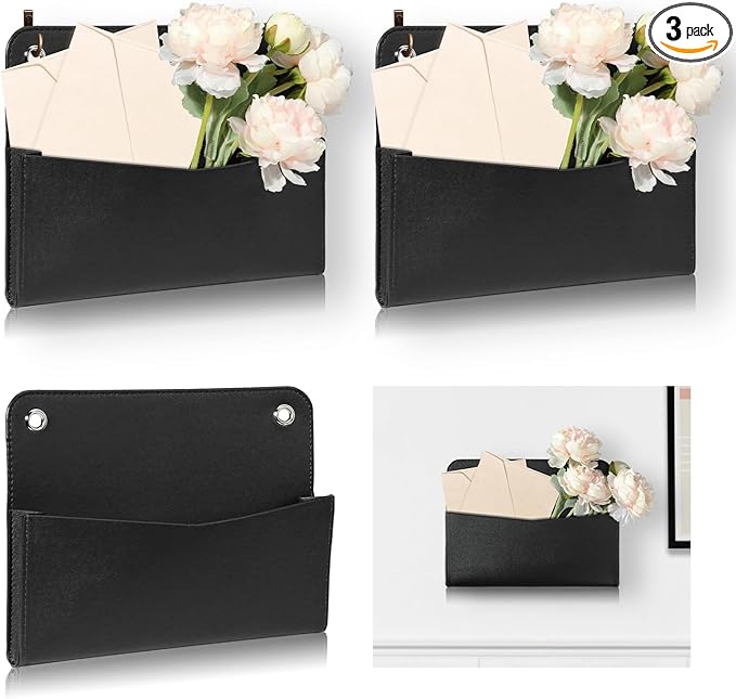 3 PCS Wall Mount PU Leather Mail Holder Black Faux Leather Letter Holder 2 Ring by Unknown