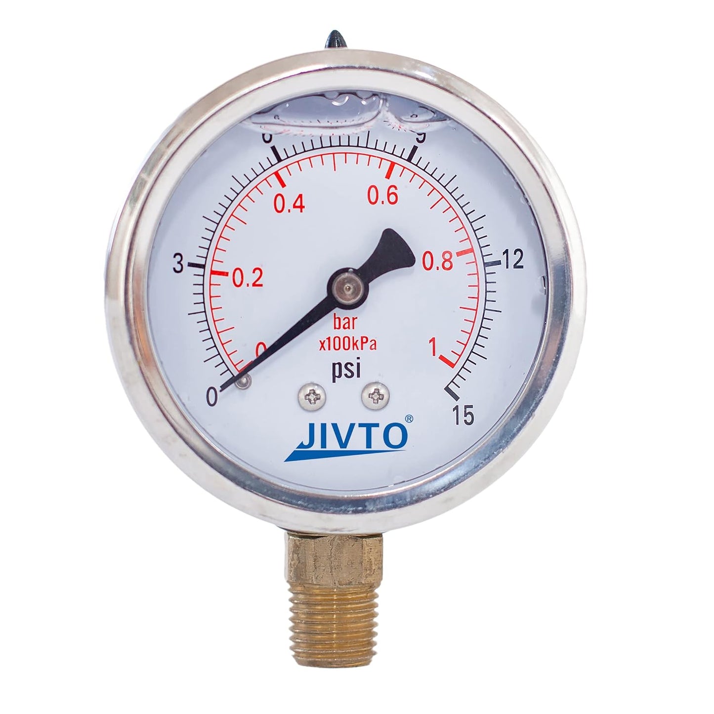 Pressure Gauge,Glycerin Liquid Filled,2.5" Dual Scale Dia,0-15 psi/bar/kpa,1/4" NPT Male Brass Connection,Lower Mount, Stainless Steel Case,for Pneumatic,Pump,Hose,Well Tank,Gas Air Water Oil