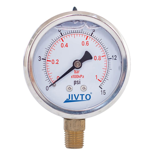 Pressure Gauge,Glycerin Liquid Filled,2.5" Dual Scale Dia,0-15 psi/bar/kpa,1/4" NPT Male Brass Connection,Lower Mount, Stainless Steel Case,for Pneumatic,Pump,Hose,Well Tank,Gas Air Water Oil