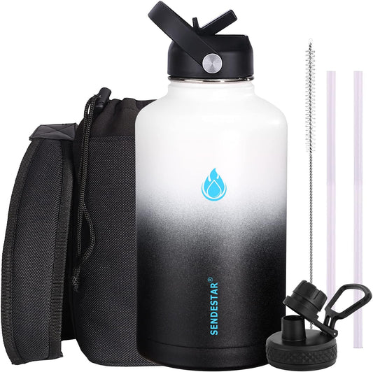 SENDESTAR Water Bottle 64oz Double Wall Vacuum Insulated Leak Proof Stainless Steel Sports Water Bottle—Wide Mouth with New Flex Straw Lid & Spout Lid (Day&Night)