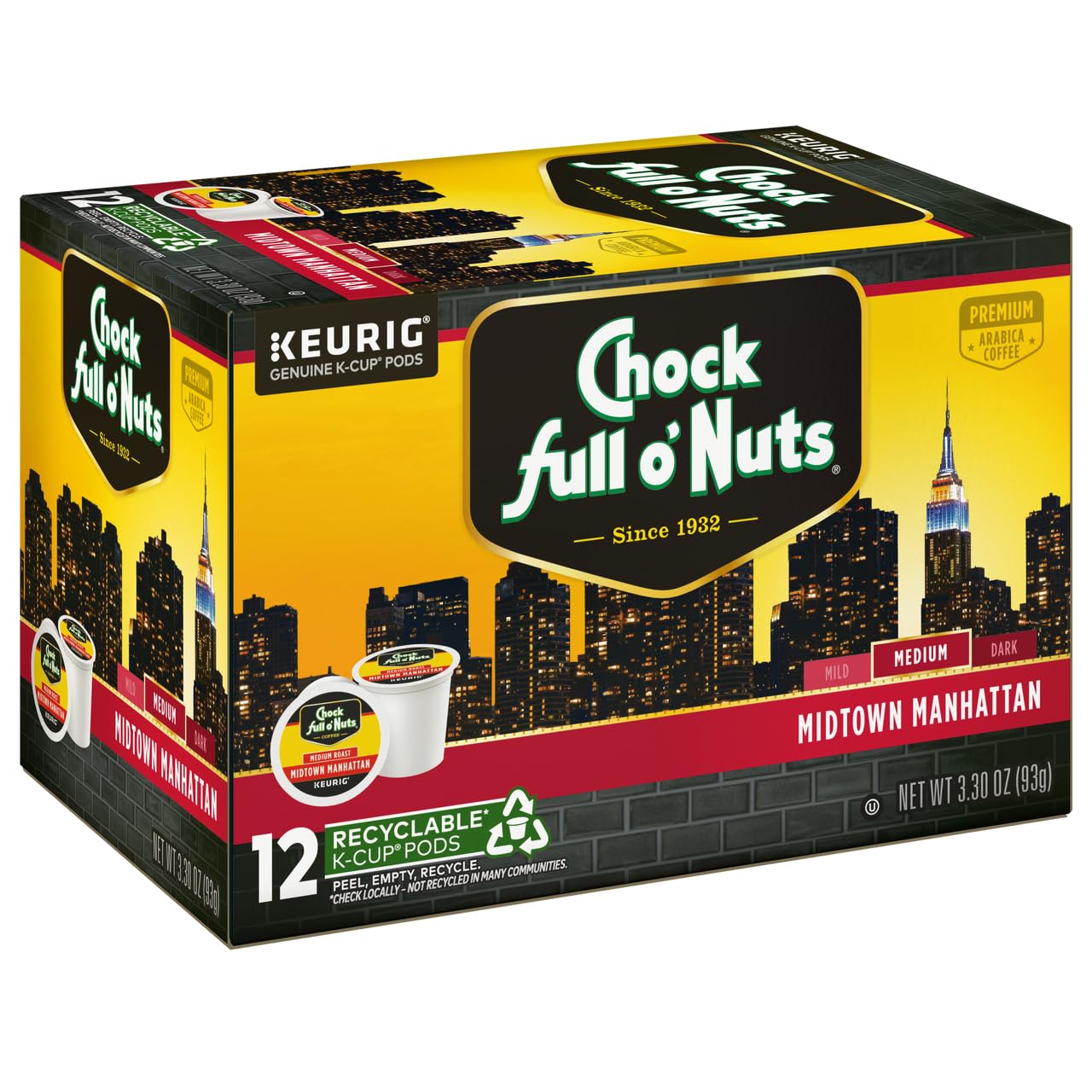 Chock Full o'Nuts Midtown Manhattan Coffee, Compatible with K-Cup Pods, 12 CT (Pack of 3)