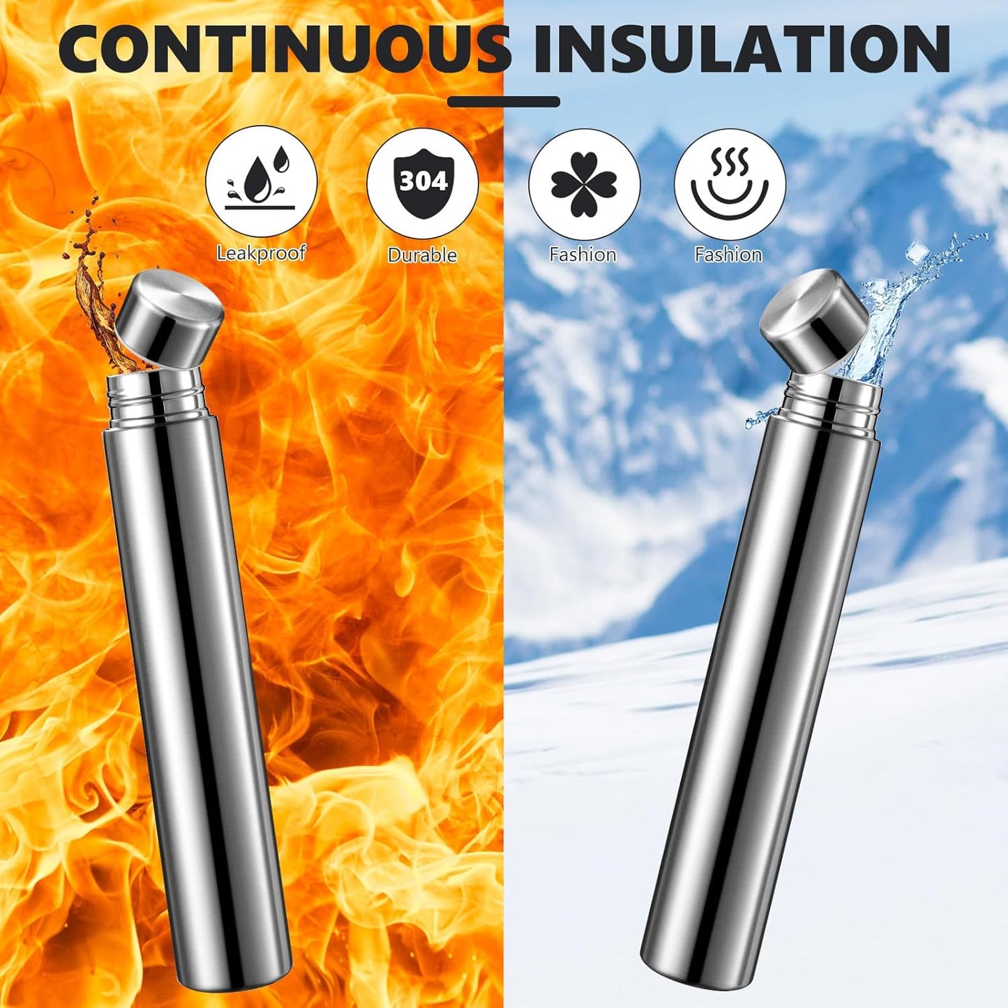 Vesici Slim Water Bottle 8.8 oz Small Stainless Steel Purse Compact Insulated Water Bottles Camping Travel Backpack Pocket Flask for Car Cold Coffee Tea(Silver,2 Pack)