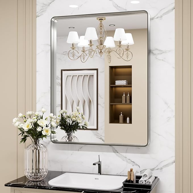 LOAAO 24X30 Inch Brushed Nickel Bathroom Mirror, Rounded Rectangle Silver Metal - Image 7