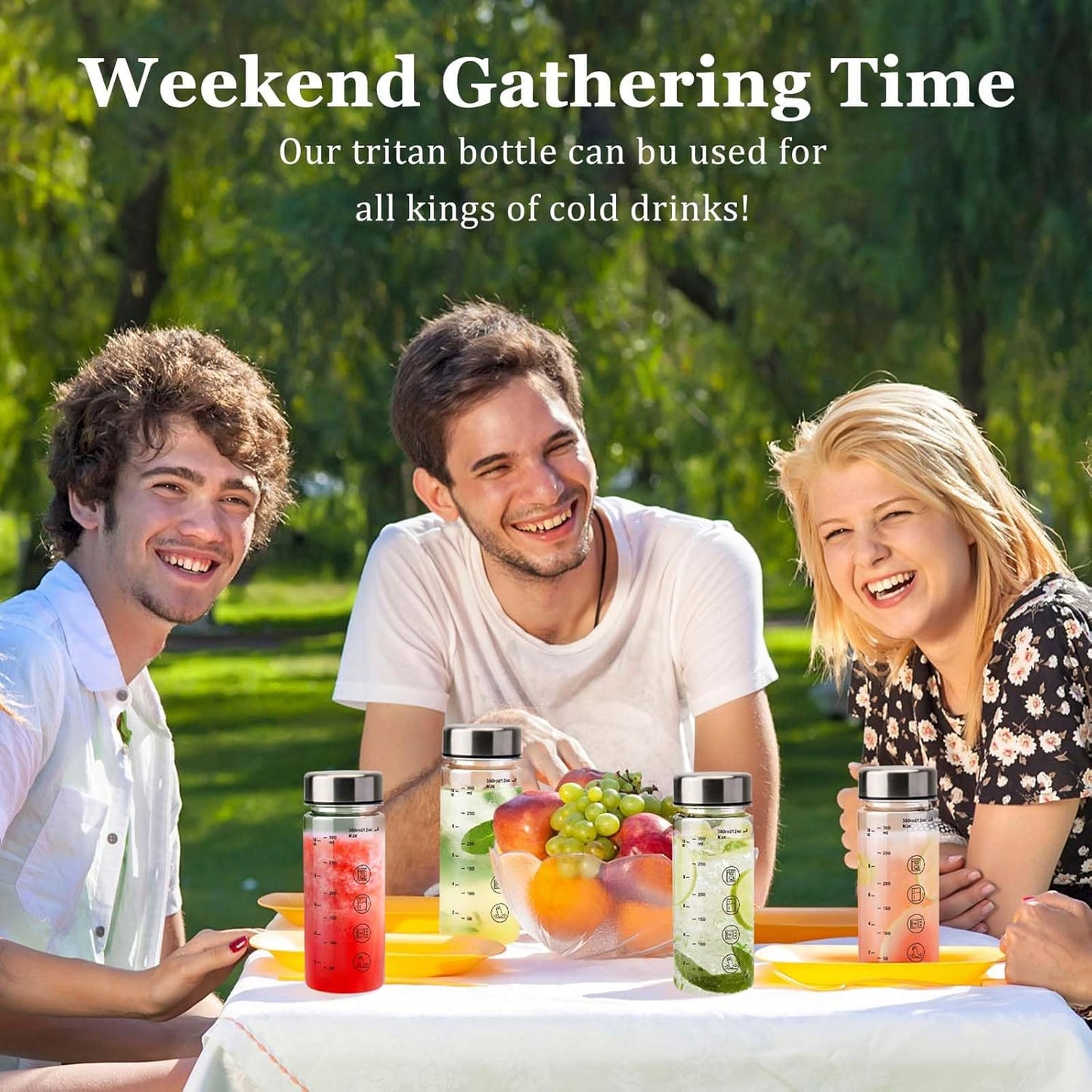 4 Pack Juice Bottles with Caps - Wide Mouth Resuable Clear Plastic Water Bottles for Juicing,Smoothie,Protein, Beverage,Storage Containers,BPA Free,Leakproof Stainless Steel Lid(12 Ounces)