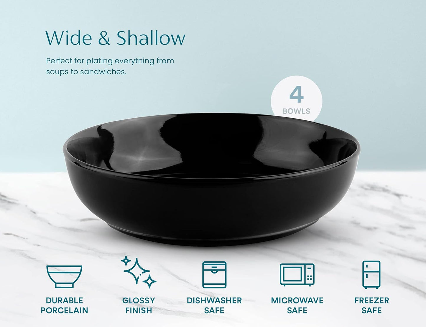 KooK Pasta Bowl, Salad Bowls, Soup, Serving Bowls, Ceramic, Large Capacity, Microwave & Dishwasher Safe, Set of 4, 40 Oz,(Black)