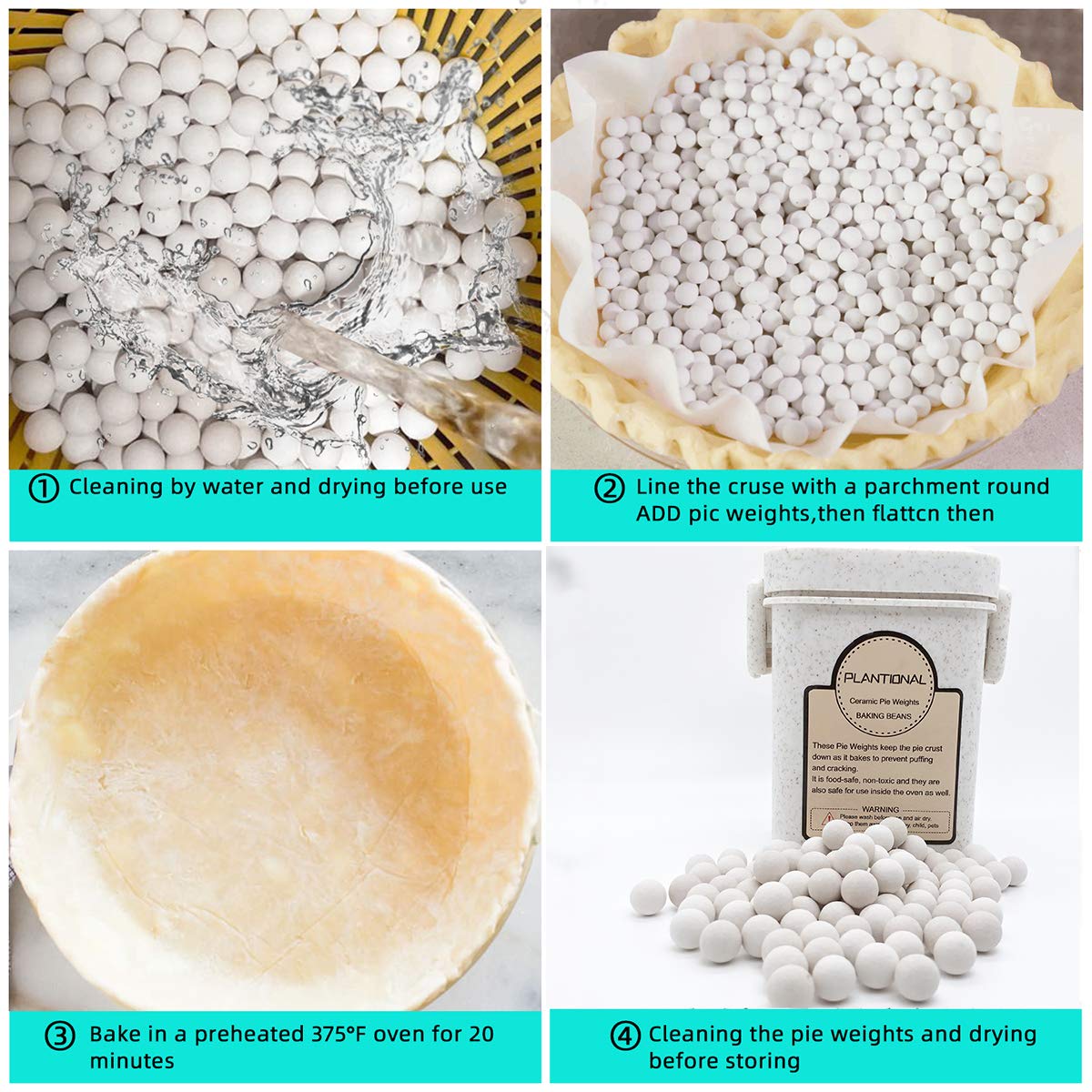 PLANTIONAL Ceramic Pie Weights, 1.32Lb Reusable 10mm Baking Beads with Wheat Straw Container, Natural Ceramic Stoneware Baking Beans for Pie Crust Pastry (Beige)