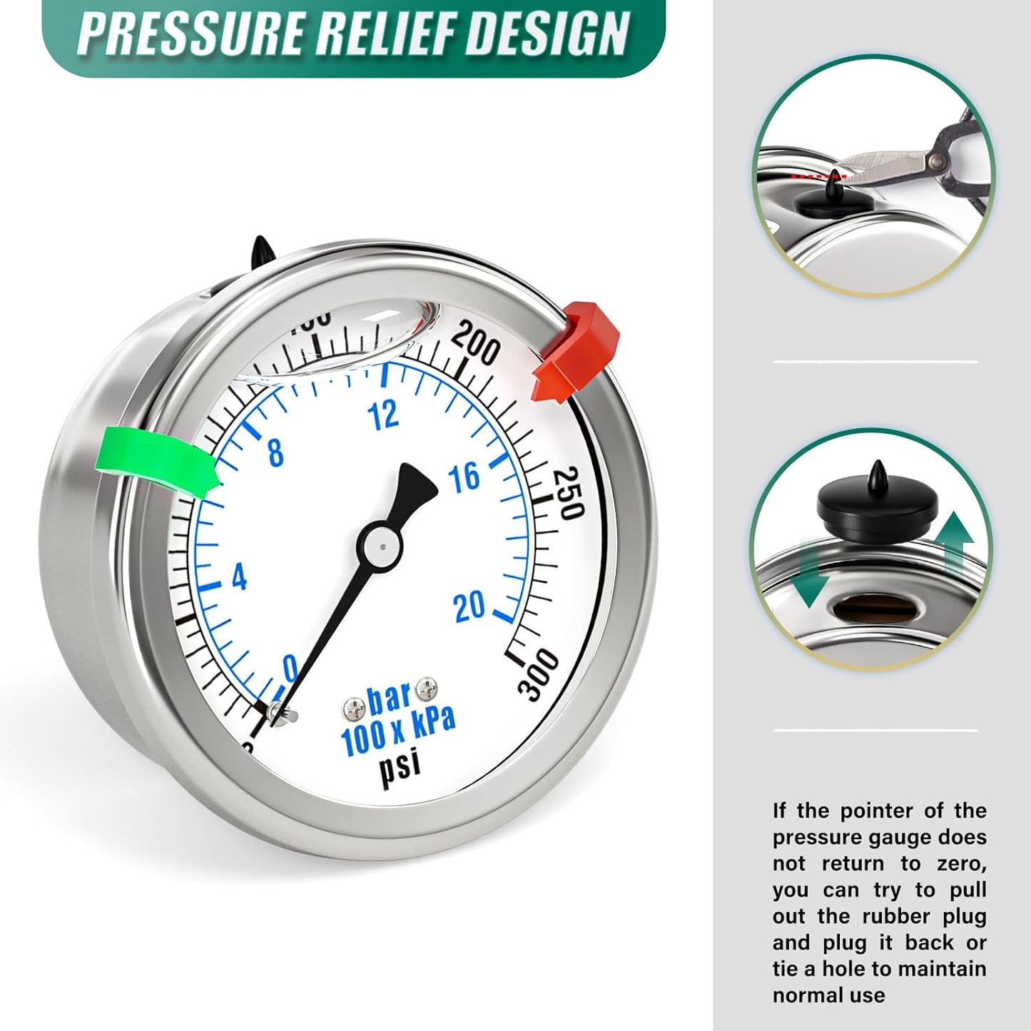 0-300PSI Stainless Steel Liquid Filled Pressure Gauge, 2.5" Dial Size, 1/4" NPT 316 Stainless Steel Joint, Back Mount, for Tube, Water Pump, Gas, Liquid (with Range Mark Pointer)
