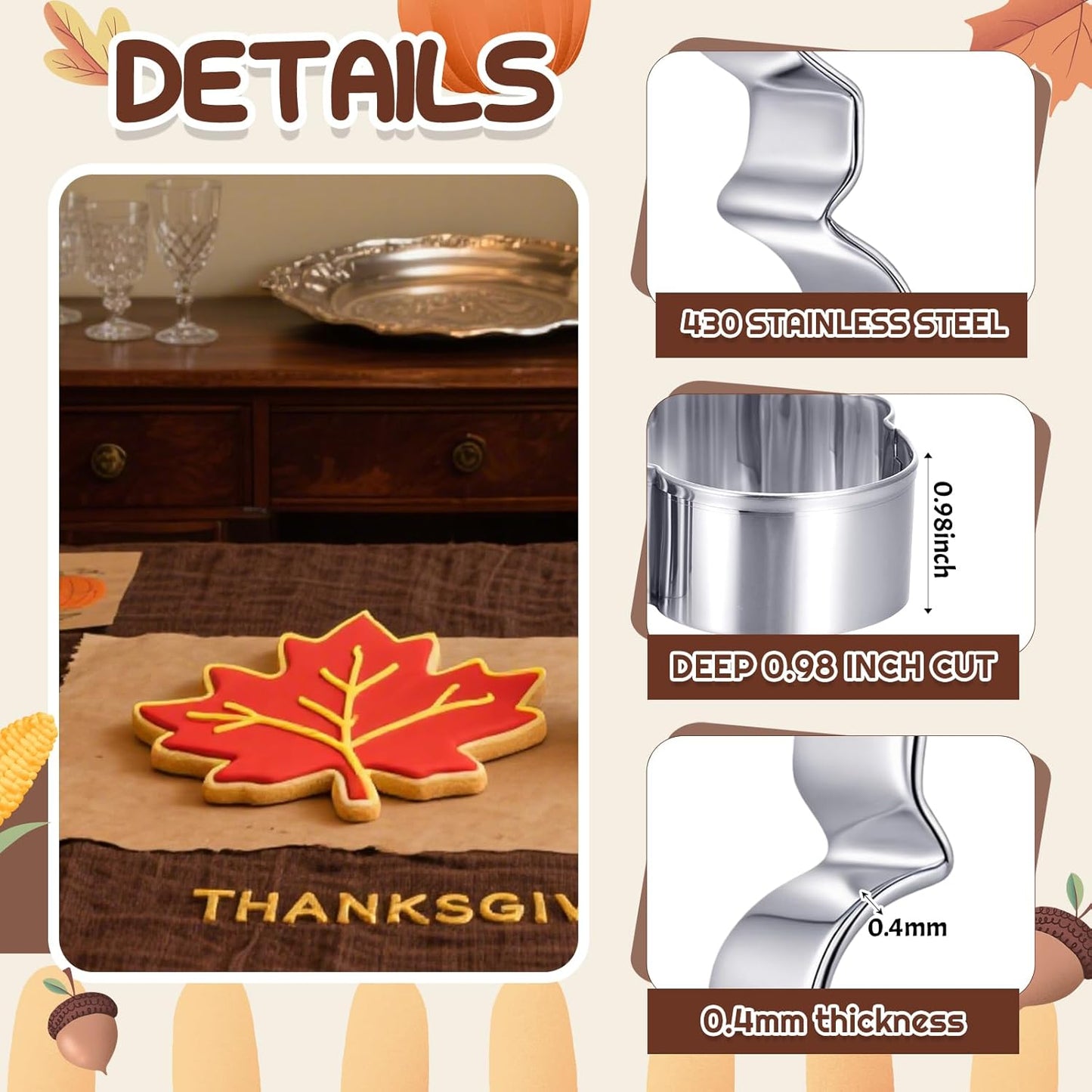 3 Pcs Large Thanksgiving Cookie Cutters Set 8 Inch Extra Large Pumpkin Maple Leaves Turkey Shapes Stainless Steel Metal Cookie Cutters Molds for Thanksgiving Baking Party Kitchen Accessories