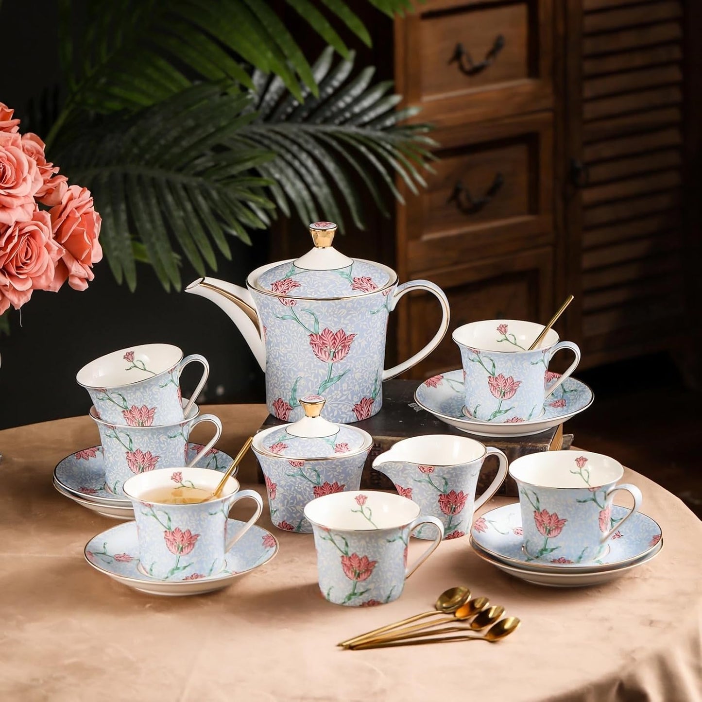 ACMLIFE Tea Set for Adults- Fine China Tea Set for 6, 21-Piece Vintage Coffee Set English Porcelain Tea Pot Sets for Adult Tea Party for Women Gift (Tulip Blue, Extra Large 21)