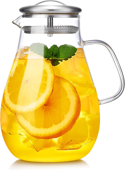 68OZ Glass Pitcher with Lid and Spout, Water Jug, 2000ML Carafe for Hot/Cold Water, Large Iced Tea Pitcher for Coffee, Juice and Homemade Beverage