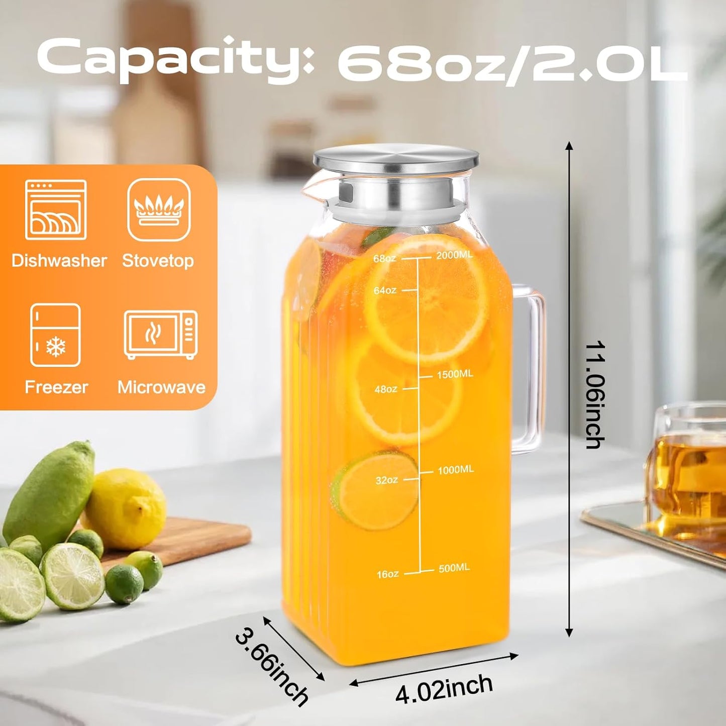 Aofmee 68oz Glass Pitcher for Bridge Door, 2 Liter Square Water Pitcher with Lid and Scale Line, Heat Resistant Tea Pitchers, Leak Proof Juice Jug, Borosilicate Glass Carafe for Hot/Cold Beverage
