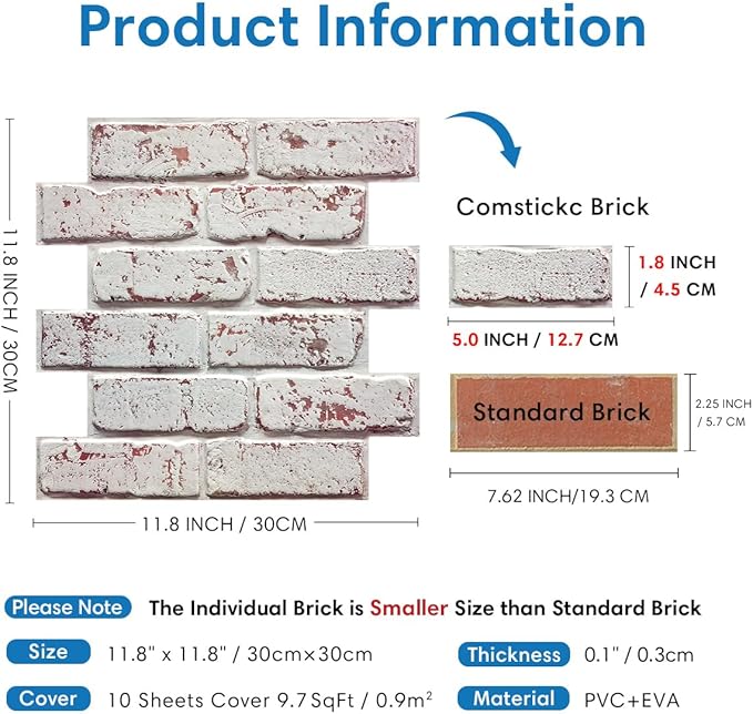 COMSTICKC 3D Faux Brick Wall Panel Peel and Stick, Ultra-Light Thin PVC Brick - Image 4
