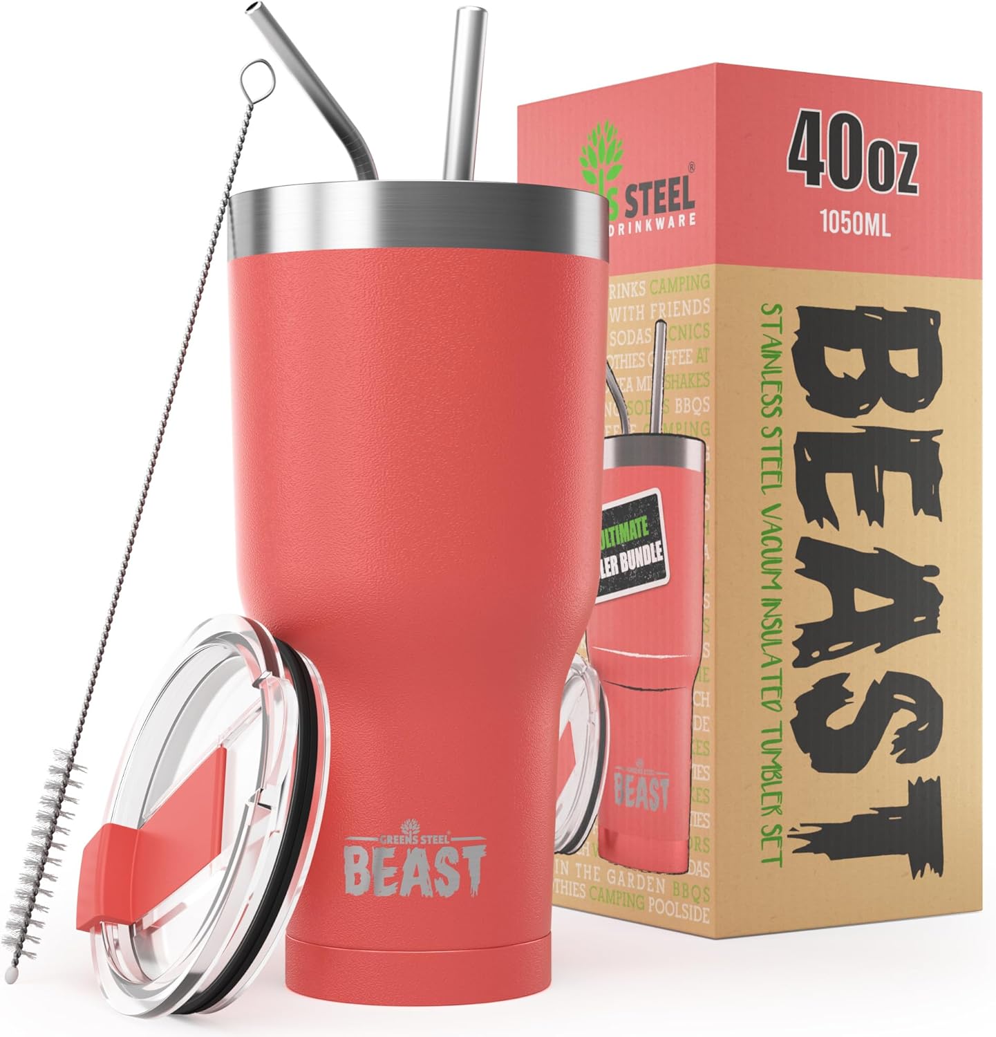 Beast 40 oz Tumbler Stainless Steel Vacuum Insulated Coffee Ice Cup Double Wall Travel Flask (Coral Pink)