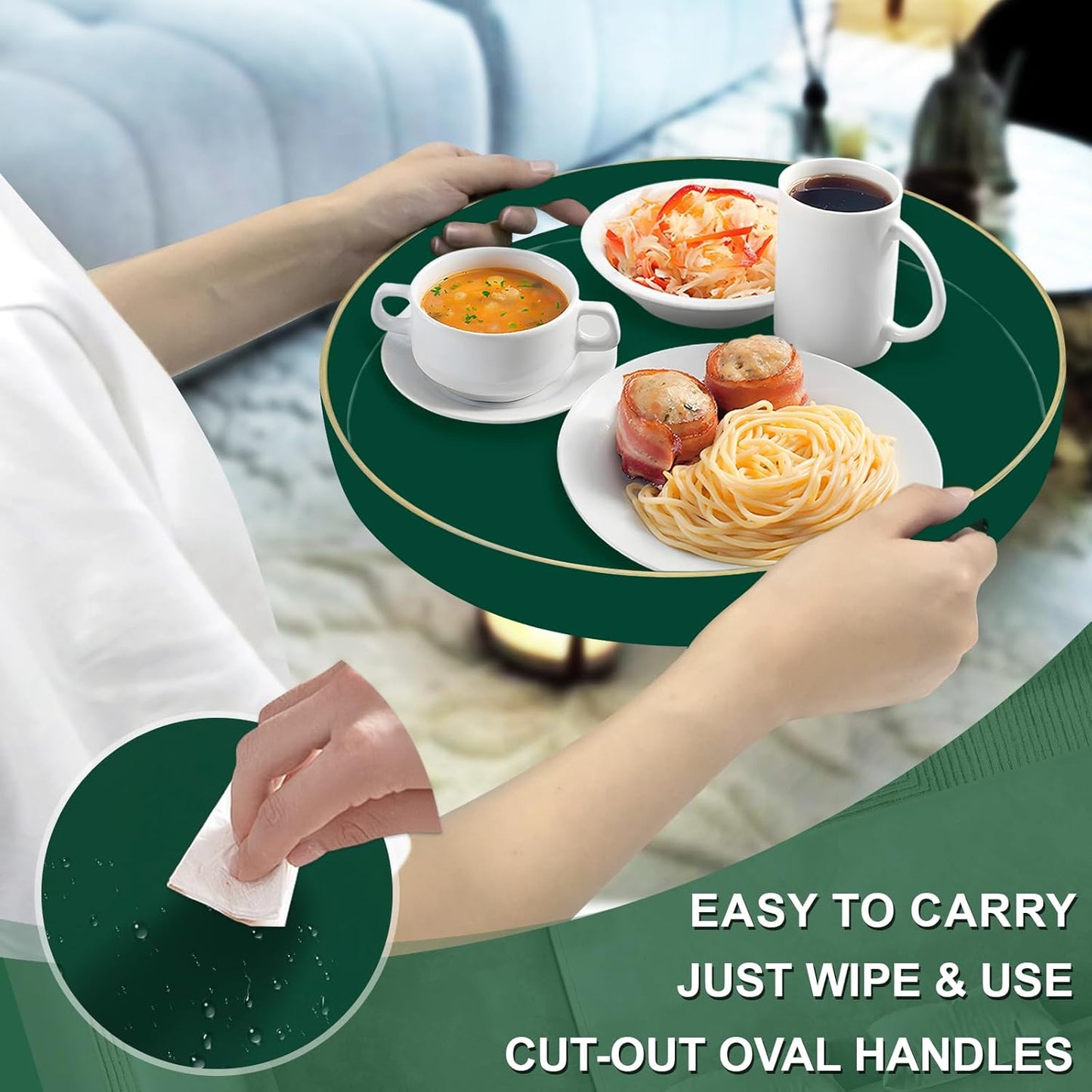 MAONAME Dark Green Decorative Tray, 13" Round Serving Tray with Handles, Plastic Trays for Coffee Table, Modern Ottoman Trays for Living Room, Bedroom