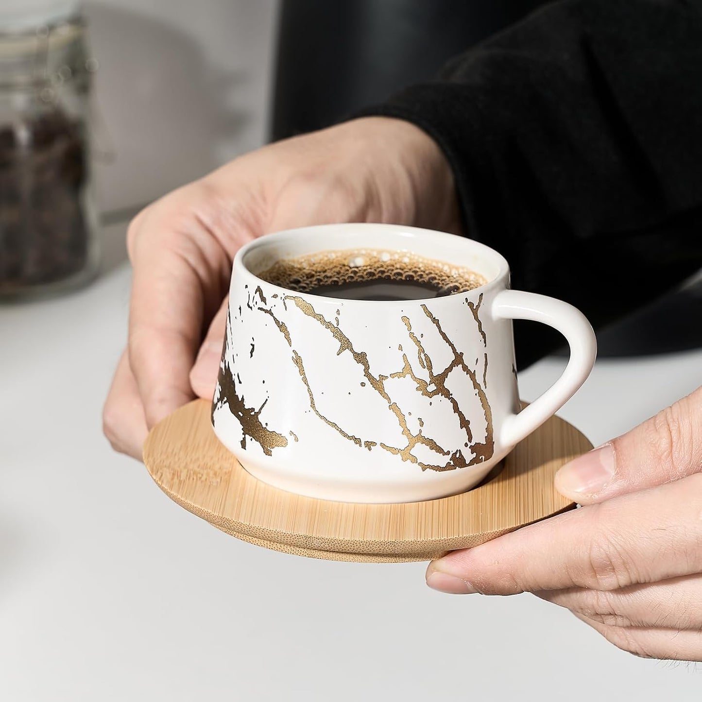 LUKA Ceramic Espresso Cups with Saucers and Metal Stand, Small 4 oz Porcelain Demitasse Cups Set of 6, Cute Cappuccino Coffee Cups for Double Espresso, Tea, Marbling White & Black