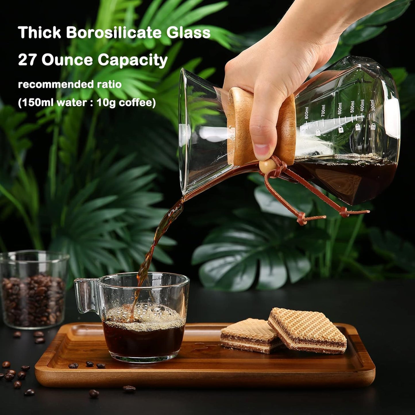 Pour Over Coffee Maker with Reusable Stainless Steel Filter, 27 oz Borosilicate Glass Coffee Carafe, Wooden Collar, Coffee Maker Carafe, Hold 4-6 Cups, 800 ml, Clear