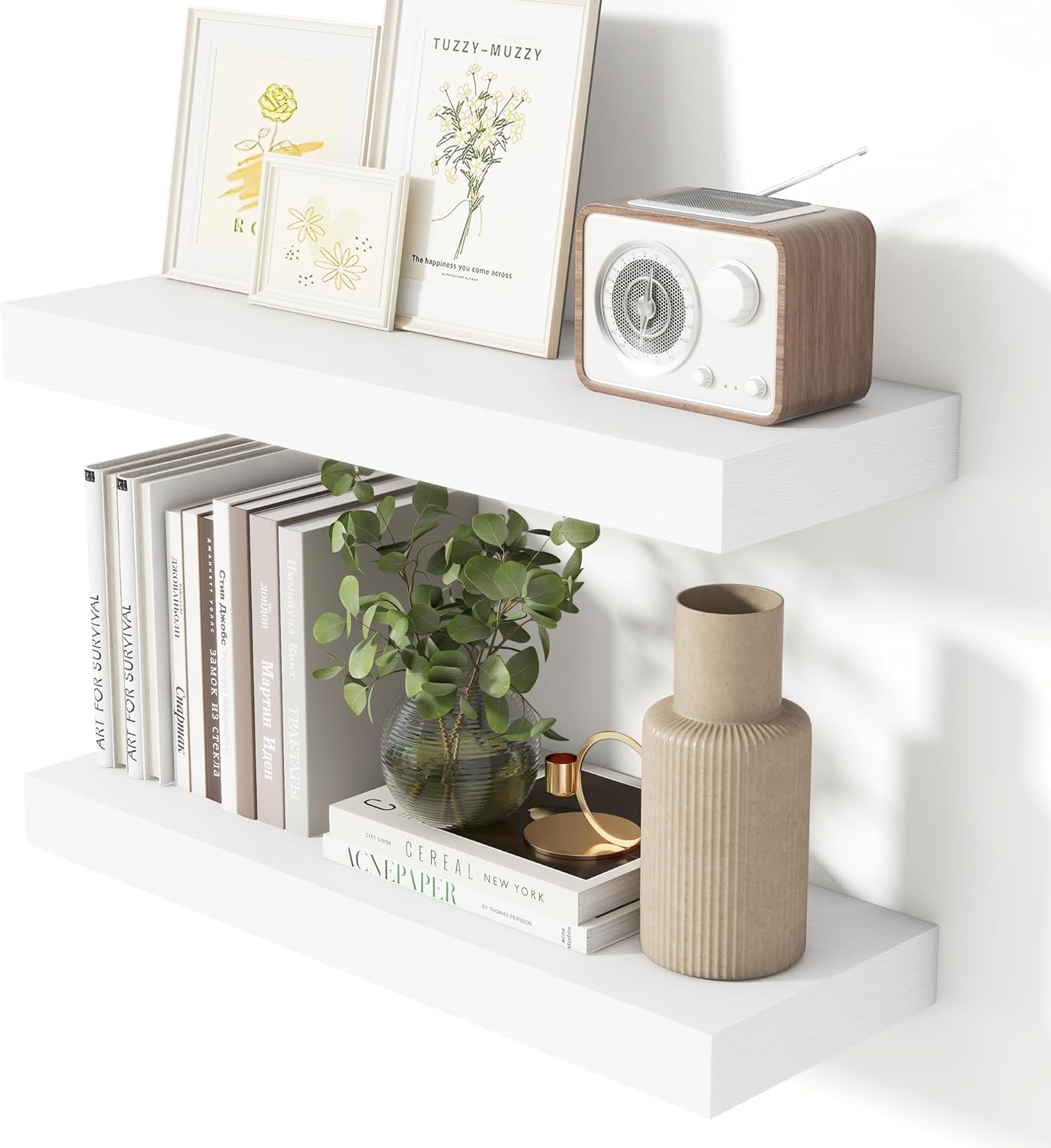 Heimlove 24 Inch Floating Shelves for Wall White Shelves Set of 2,Wall Mounted Rustic Wood 8 Inch Deep Floating Shelf with Invisible Brackets for Bedroom Kitchen Living Room