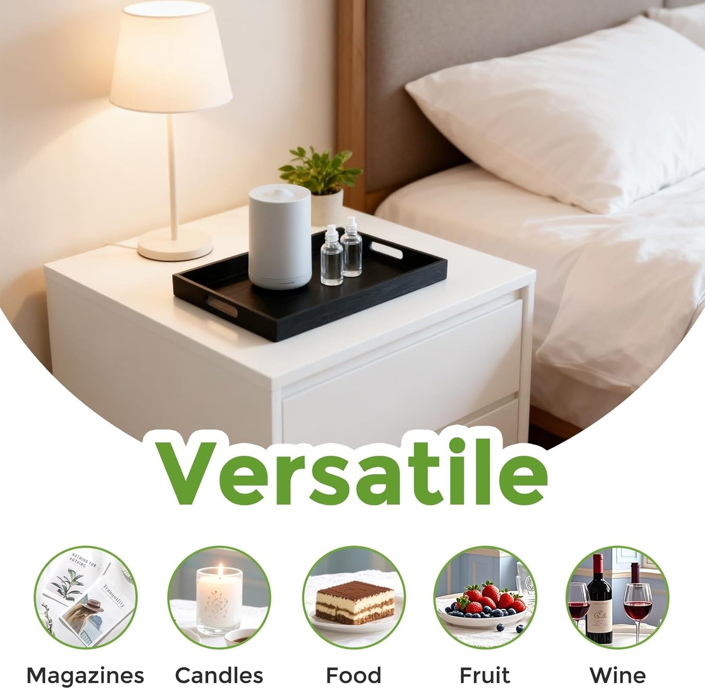 S310 Black Wood Serving Tray with Handles, 17 Inch Wooden Tray for Ottoman, Breakfast, Lunch, Dinner, Decorative Rectangular Tray for Living Room, Kitchen Counter, Outdoor