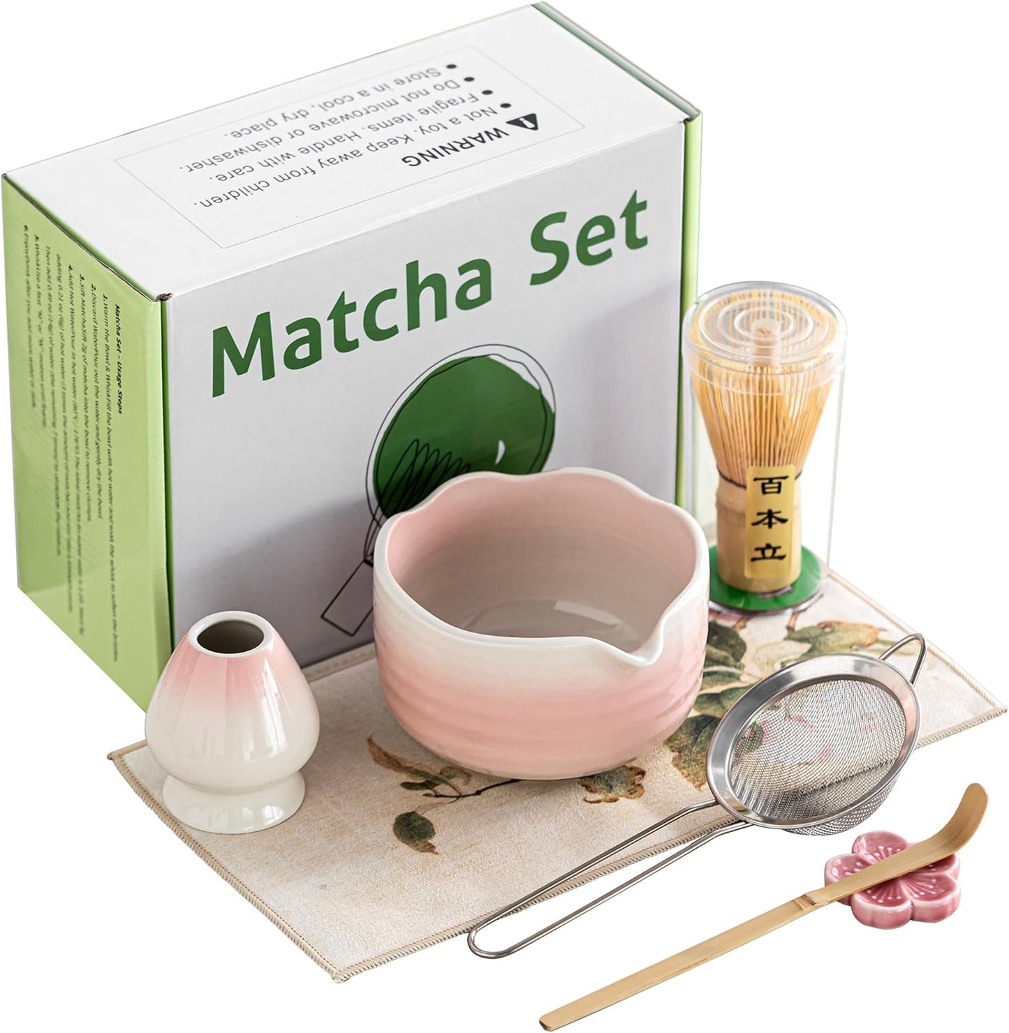 Matcha Whisk Set Ceramic Matcha Set Includes Bowl,Spout Bamboo Chasen Whisk with Ceramic Holder, Matcha Scoop and Stainless Sifter, Matcha Kit for Women,Gift for Matcha Lovers(7Pcs,Pink)