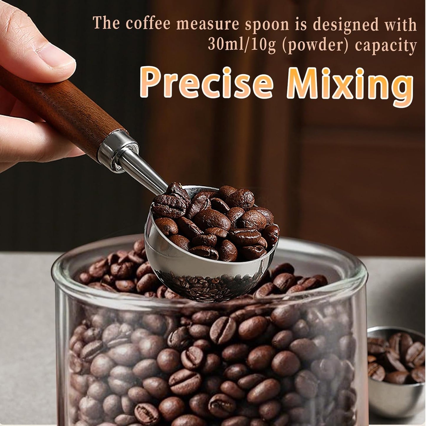 1pcs Coffee Scoop for Ground Coffee, Beans and Tea，Vintage Coffee Measuring Spoon with Long Wooden Handle 30ml/10g Capacity 304 Stainless Steel（Silver)