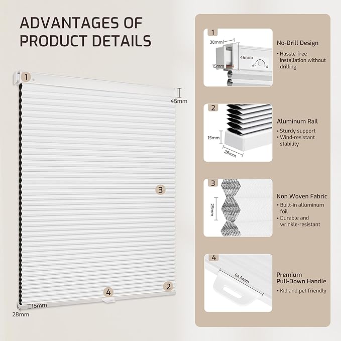 Grandekor No Tools No Drill Cordless Cellular Shades, 34.5" W × 64" H, UV - Image 9
