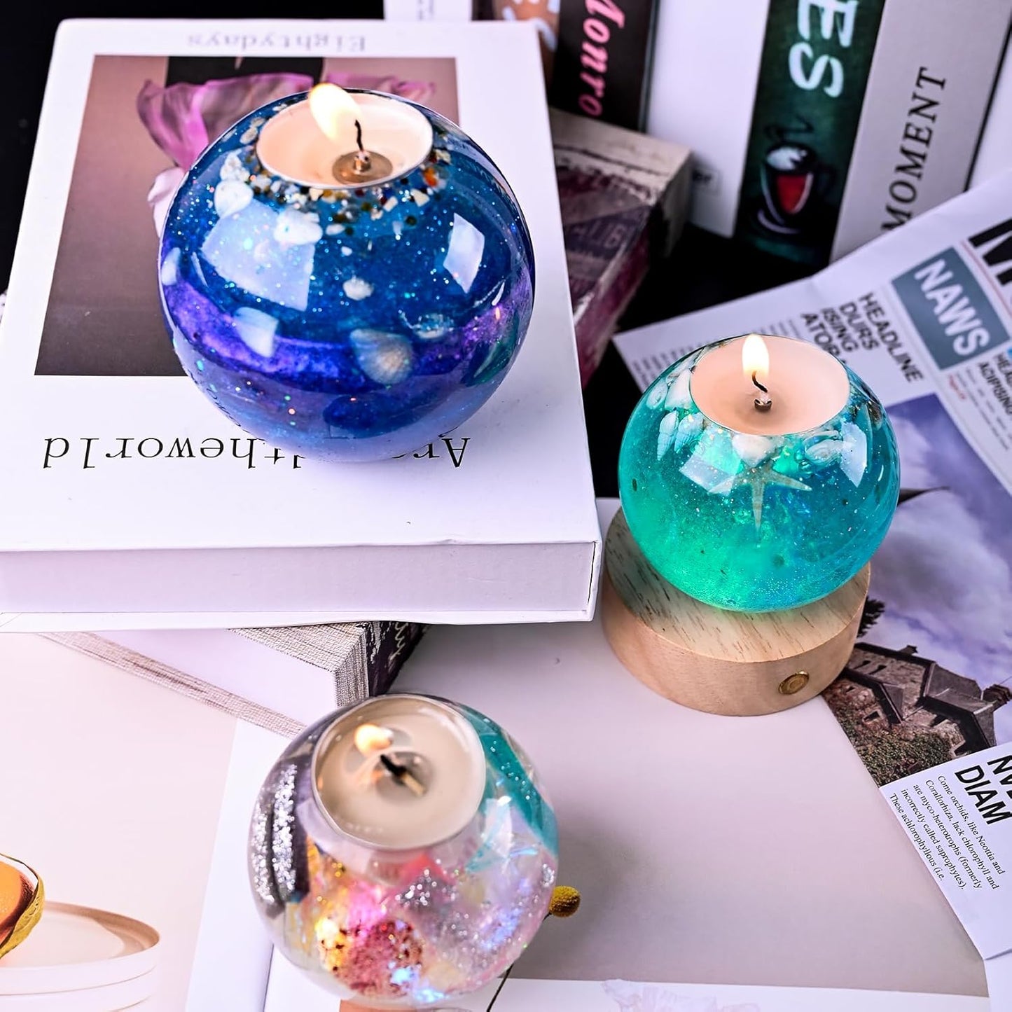 2 Pcs Tealight Candle Holder Resin Molds, Set of Large + Small Sphere Candlestick Silicone Molds for DIY Round Crystals Ball Candle Vessels Craft Epoxy Casting Home Table