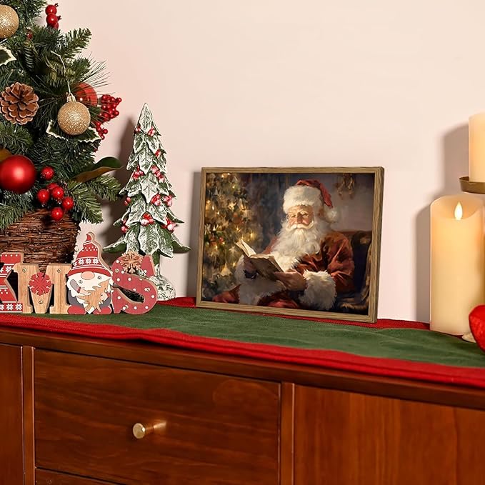 Framed Vintage Christmas Canvas Wall Art, Santa Claus Reading Book Paintings - Image 7