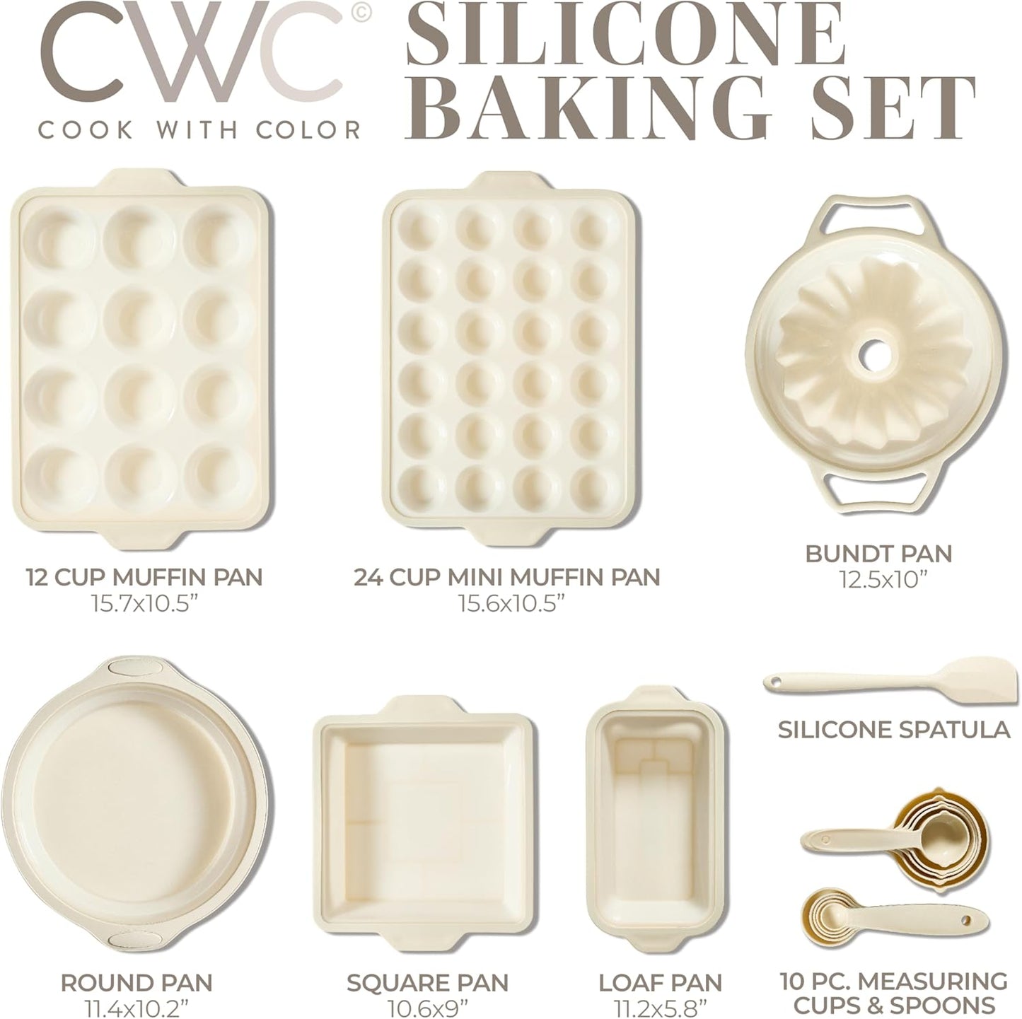 COOK WITH COLOR 17 Pc. Silicone Baking Pan Set - Non-Stick & Easy Clean Silicone Muffin Pans for Baking with Sturdy Metal Frame for Stability, Flexible Cake Molds, Includes Measuring Cups and Spoons