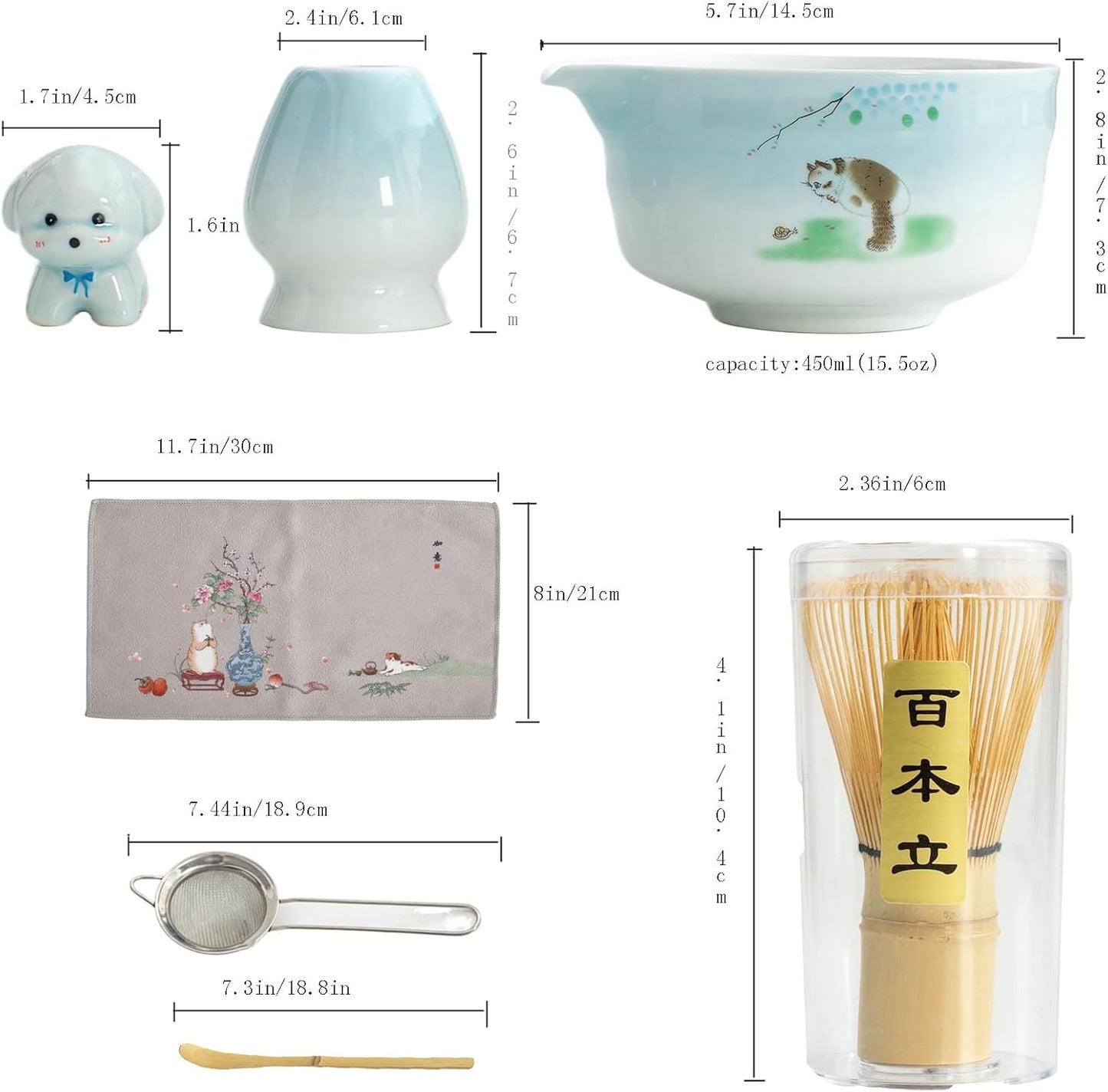 Matcha whisk and bowl set, ceramic matcha bowl with spout, matcha tea set for breakfast, matcha latte, perfect matcha set for ceremony 7 piece set (blue)