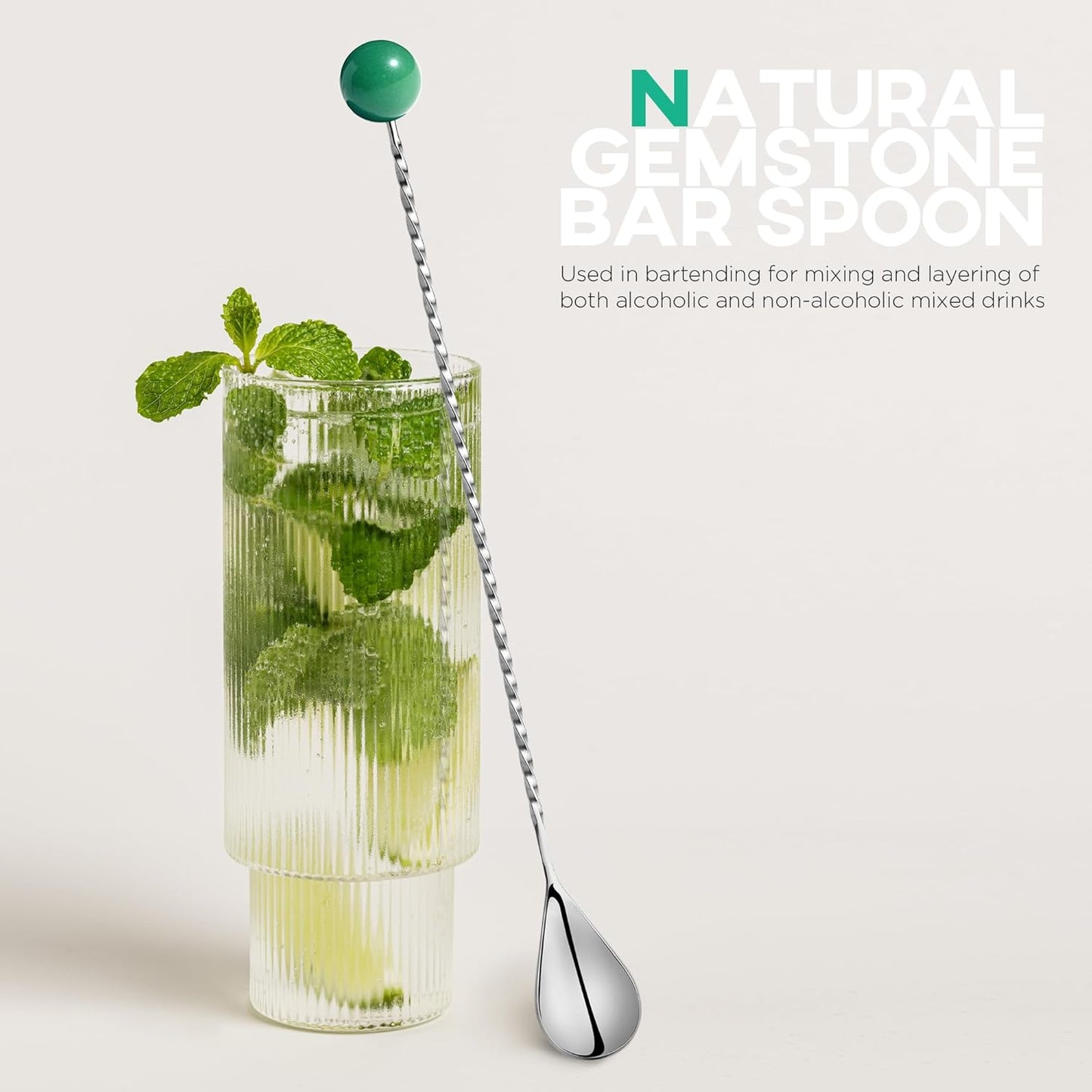 Homestia 12-Inch Natural Gemstone Bar Spoon, 304 Stainless Steel Cocktail Spoon for Layering Long Spiral Handle Mixing Spoon Stirrers for Drink (Green)