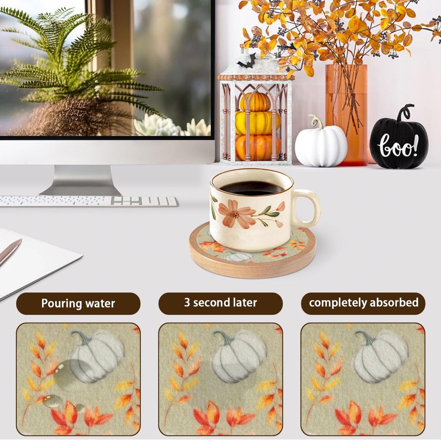 Pumpkins Coaster Set of 6 Cewiru Halloween Coasters for Drinks Absorbent Cup Mats for Table Protection Unique Fall Round Coasters for Coffee Table Kitchen Decor 4.3"