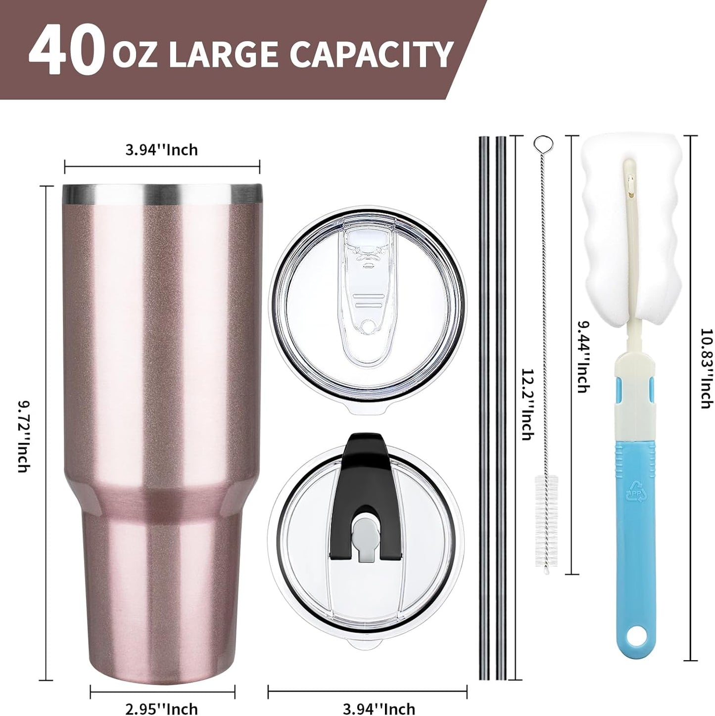 40 oz Tumbler with Lids and Straws, Stainless Steel Insulated Coffee Tumbler, Double Wall Vacuum Insulated Travel Mug Cup, Leakproof Thermal Coffee Cup for Hot and Cold Drinks (Rose Gold)